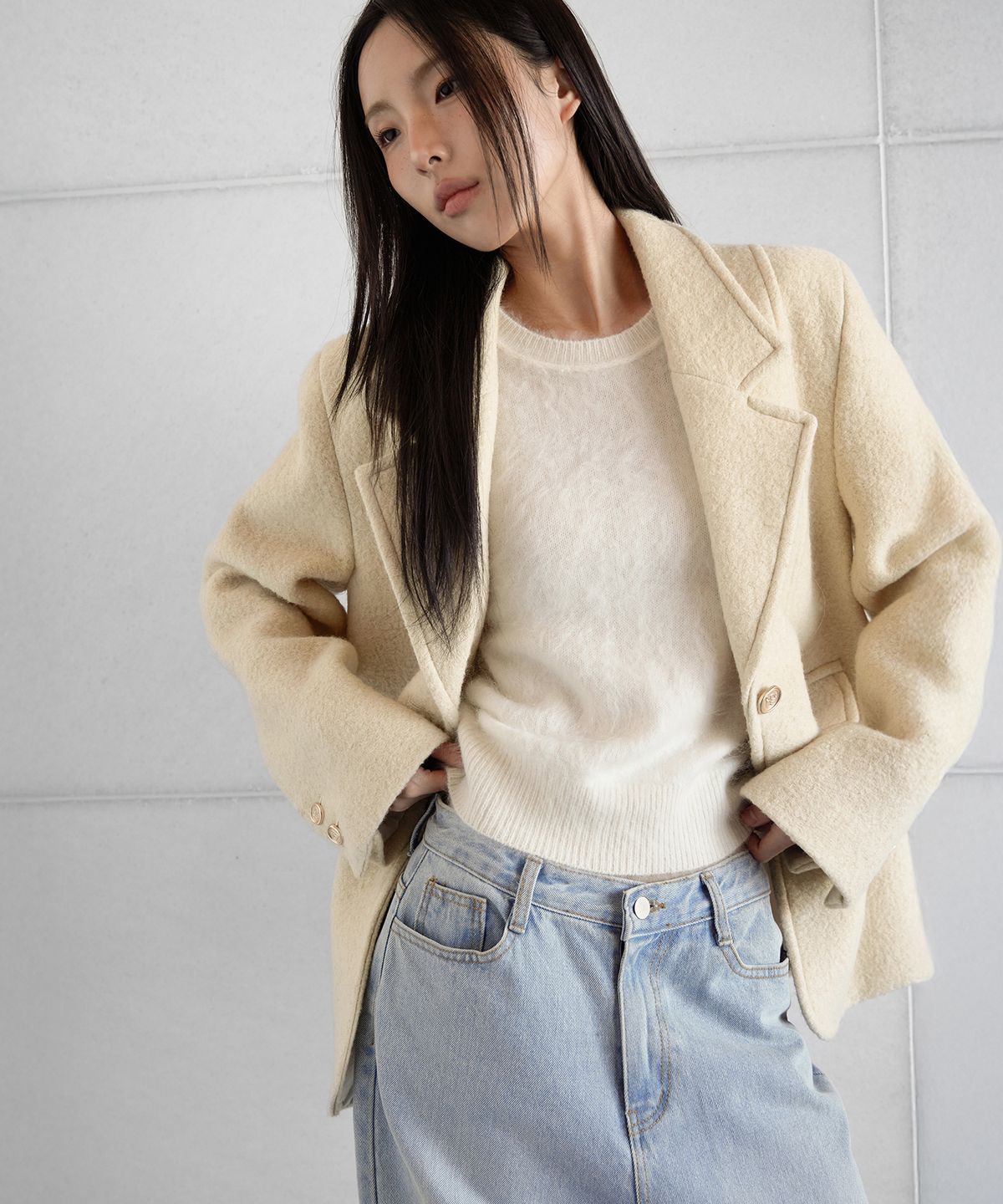 런던다다(LONDONDADA) BOUCLE LOGO PATCHED WOOL JACKET, BUTTER YELLOW
