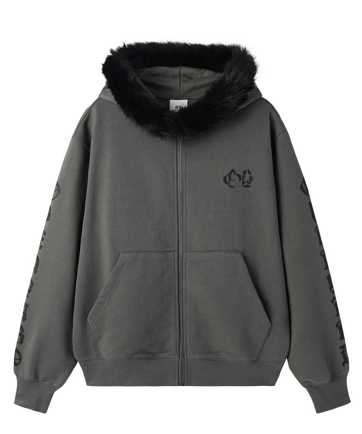 오픈야드(오와이)(OPENYARD(OY)) GOTHIC CROSS FAUX FUR HOODIE ZIP UP - DARK GREY