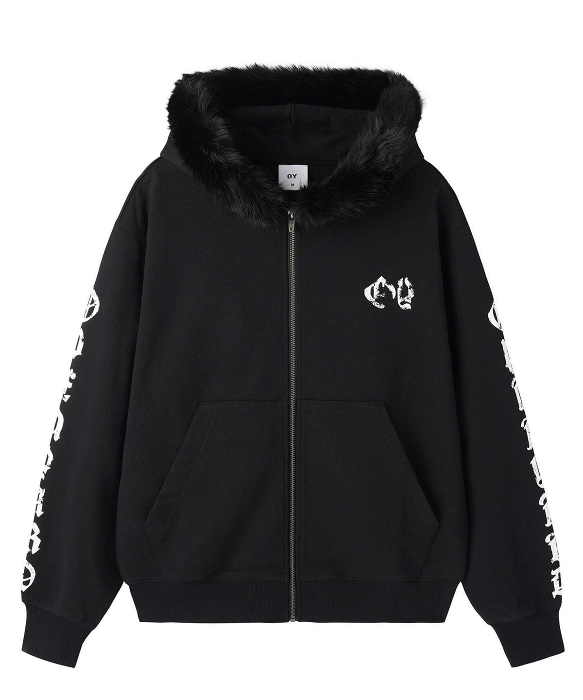 오픈야드(오와이)(OPENYARD(OY)) GOTHIC CROSS FAUX FUR HOODIE ZIP UP - BLACK