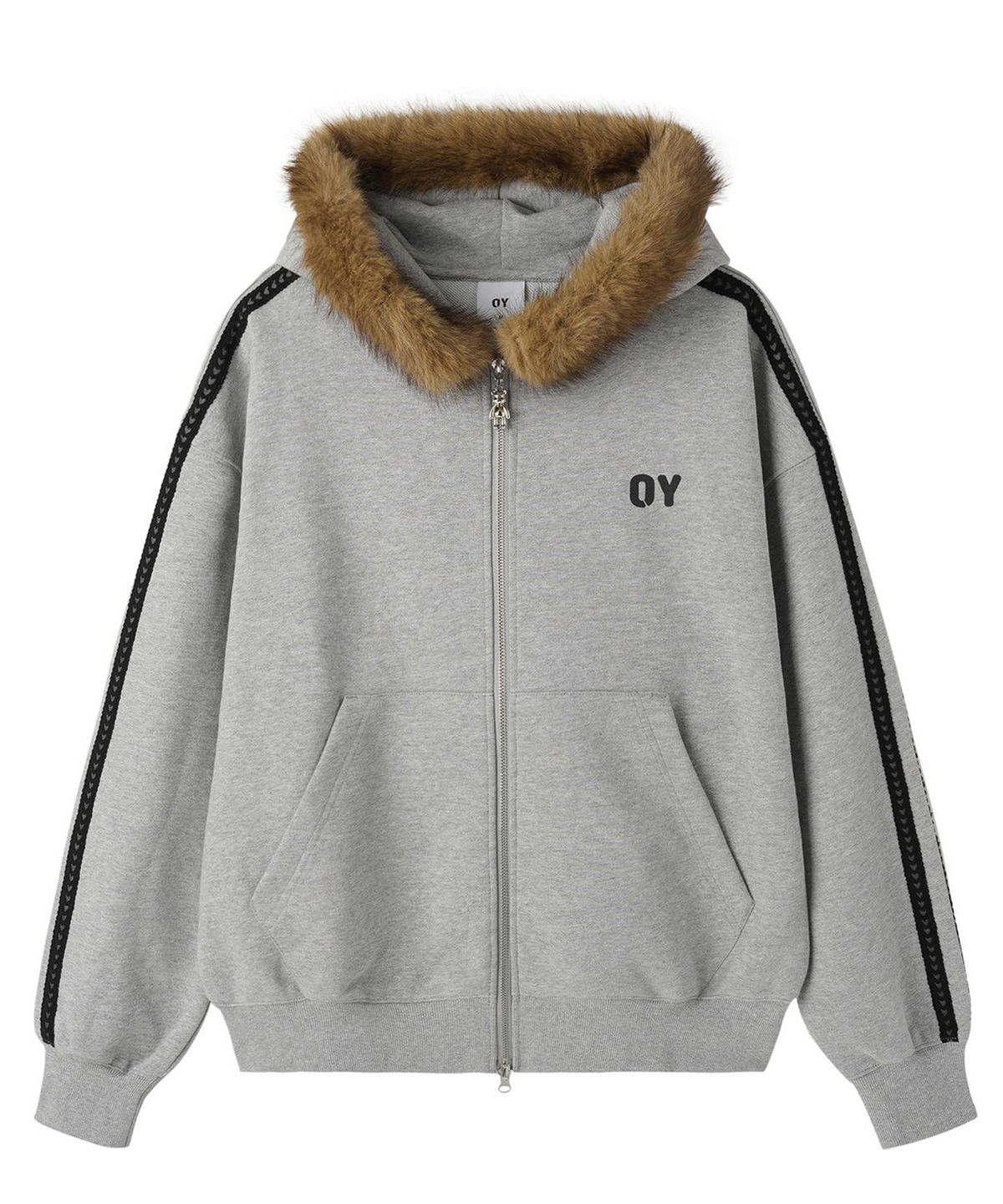 오픈야드(오와이)(OPENYARD(OY)) LACE DOLLY FAUX FUR HOODIE ZIP UP - MELANGE
