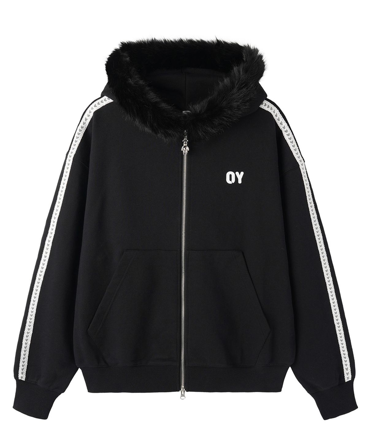오픈야드(오와이)(OPENYARD(OY)) LACE DOLLY FAUX FUR HOODIE ZIP UP - BLACK