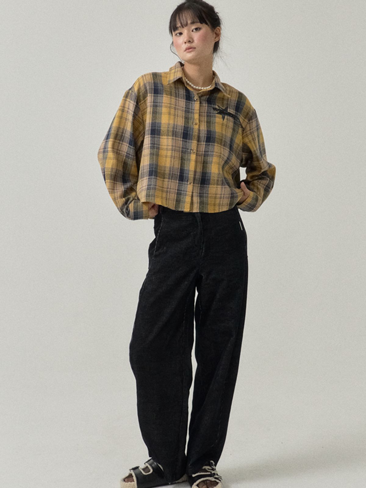 쏘리, 투 머치 러브(SORRY, TOO MUCH LOVE) Loose Fit Cropped Brushed Check Shirt_Yellow
