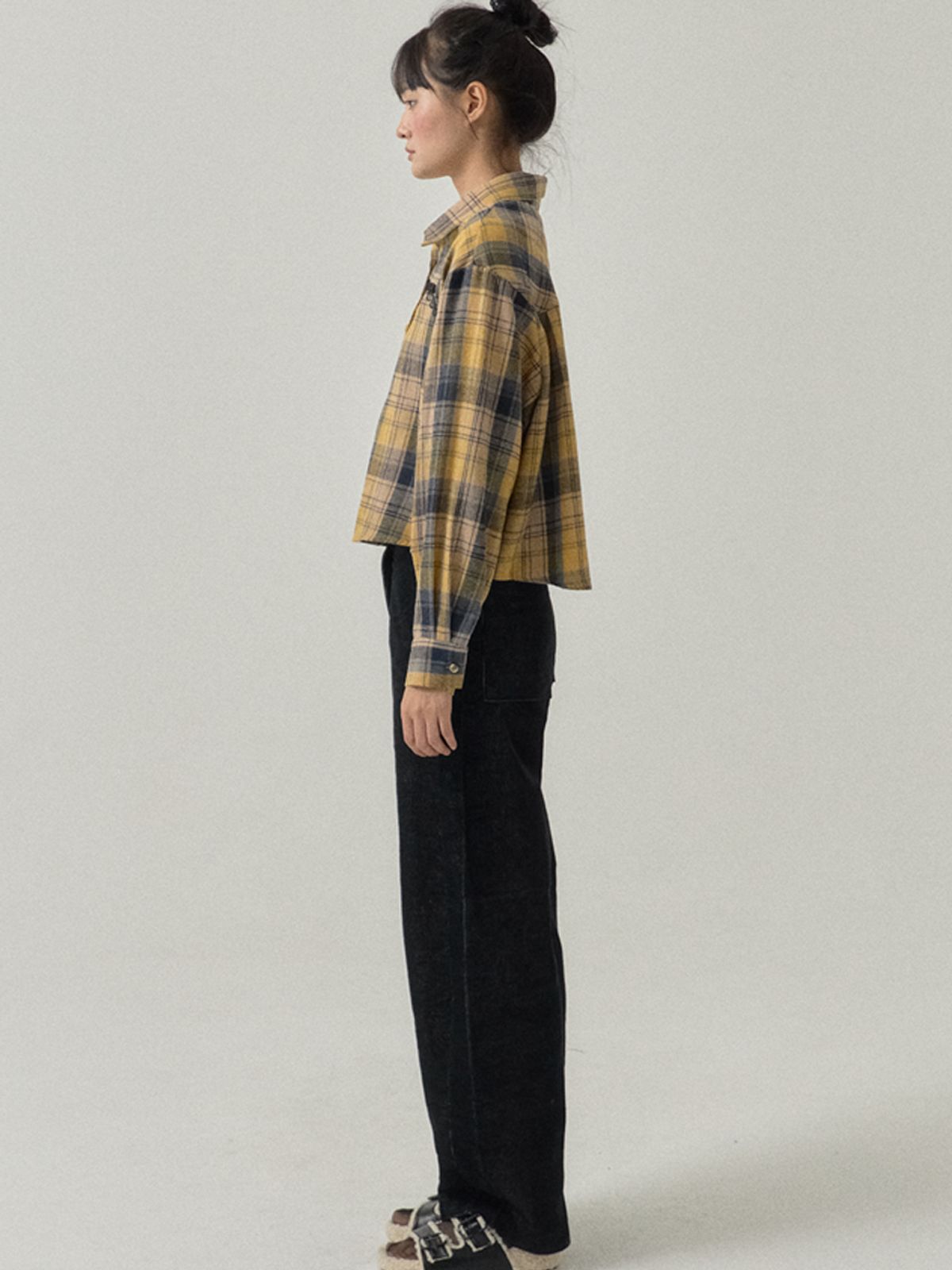 쏘리, 투 머치 러브(SORRY, TOO MUCH LOVE) Loose Fit Cropped Brushed Check Shirt_Yellow