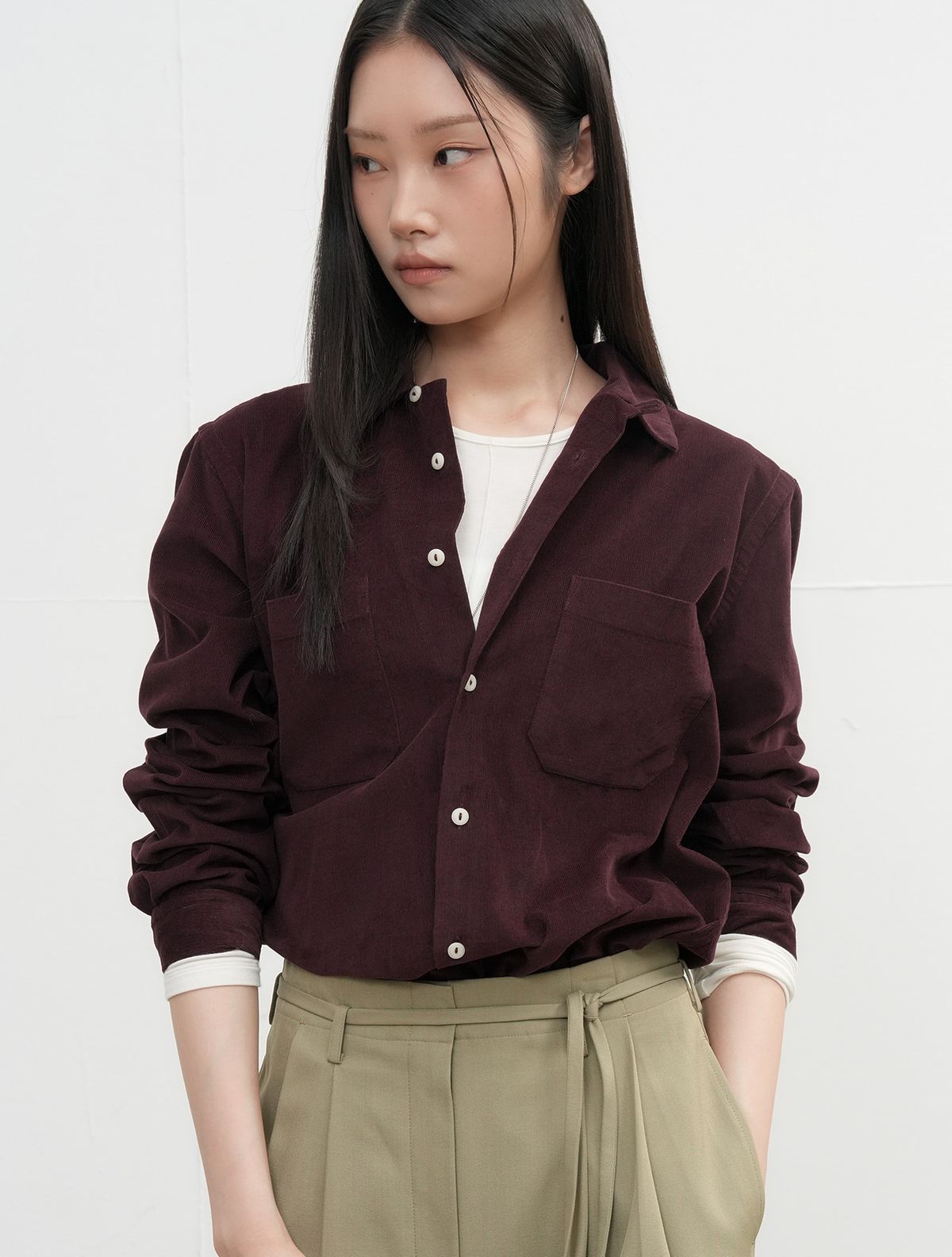 제너럴아이디어(GENERALIDEA) UNISEX 슬림핏 코듀로이 오픈카라 셔츠 [BURGUNDY] / SBE3U03006