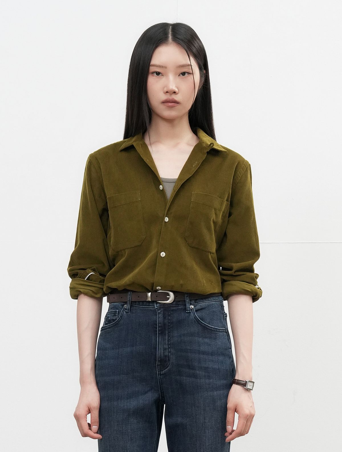 제너럴아이디어(GENERALIDEA) UNISEX 슬림핏 코듀로이 오픈카라 셔츠 [OLIVE] / SBE3U03006