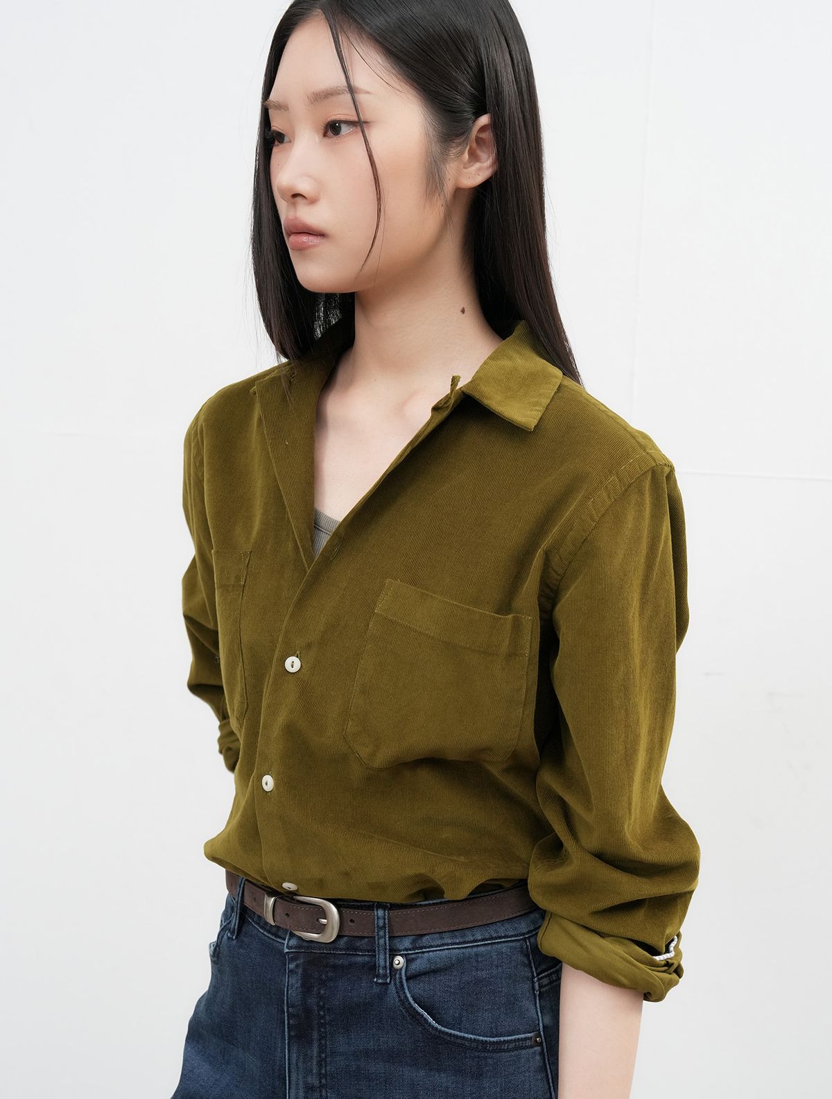 제너럴아이디어(GENERALIDEA) UNISEX 슬림핏 코듀로이 오픈카라 셔츠 [OLIVE] / SBE3U03006