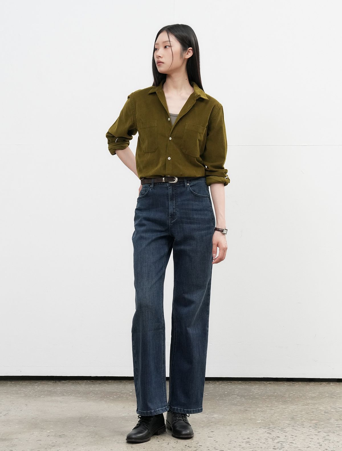 제너럴아이디어(GENERALIDEA) UNISEX 슬림핏 코듀로이 오픈카라 셔츠 [OLIVE] / SBE3U03006