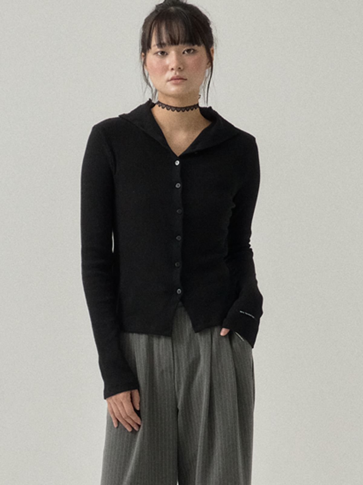 쏘리, 투 머치 러브(SORRY, TOO MUCH LOVE) High Neck Button Down Ribbed Top_Black