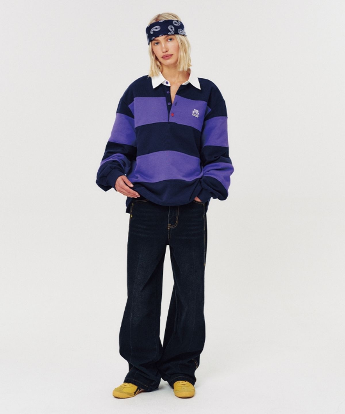 무드베러(MOODBETTER) 48 COLLEGE STRIPE RUGBY SHIRT PURPLE