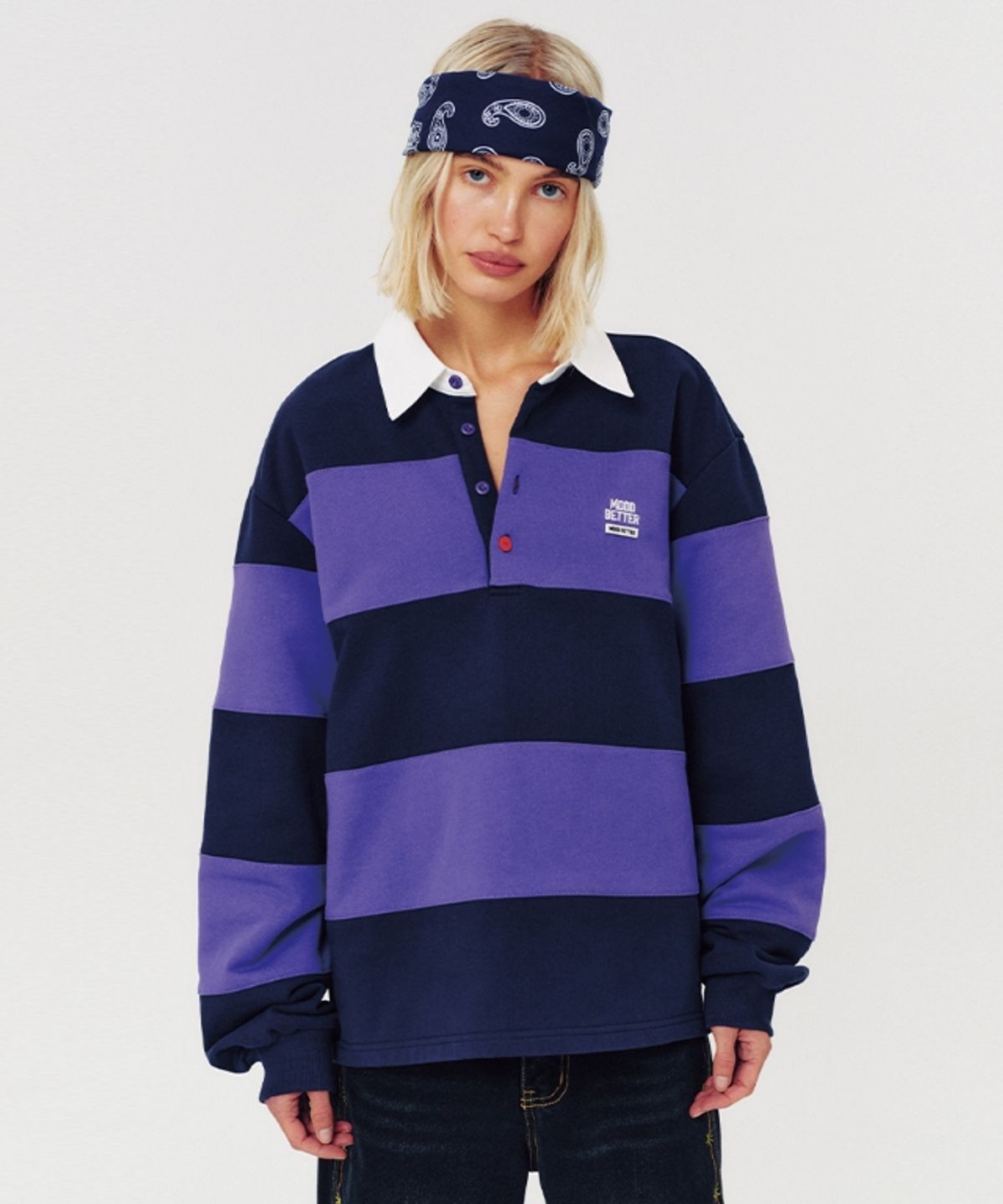 무드베러(MOODBETTER) 48 COLLEGE STRIPE RUGBY SHIRT PURPLE