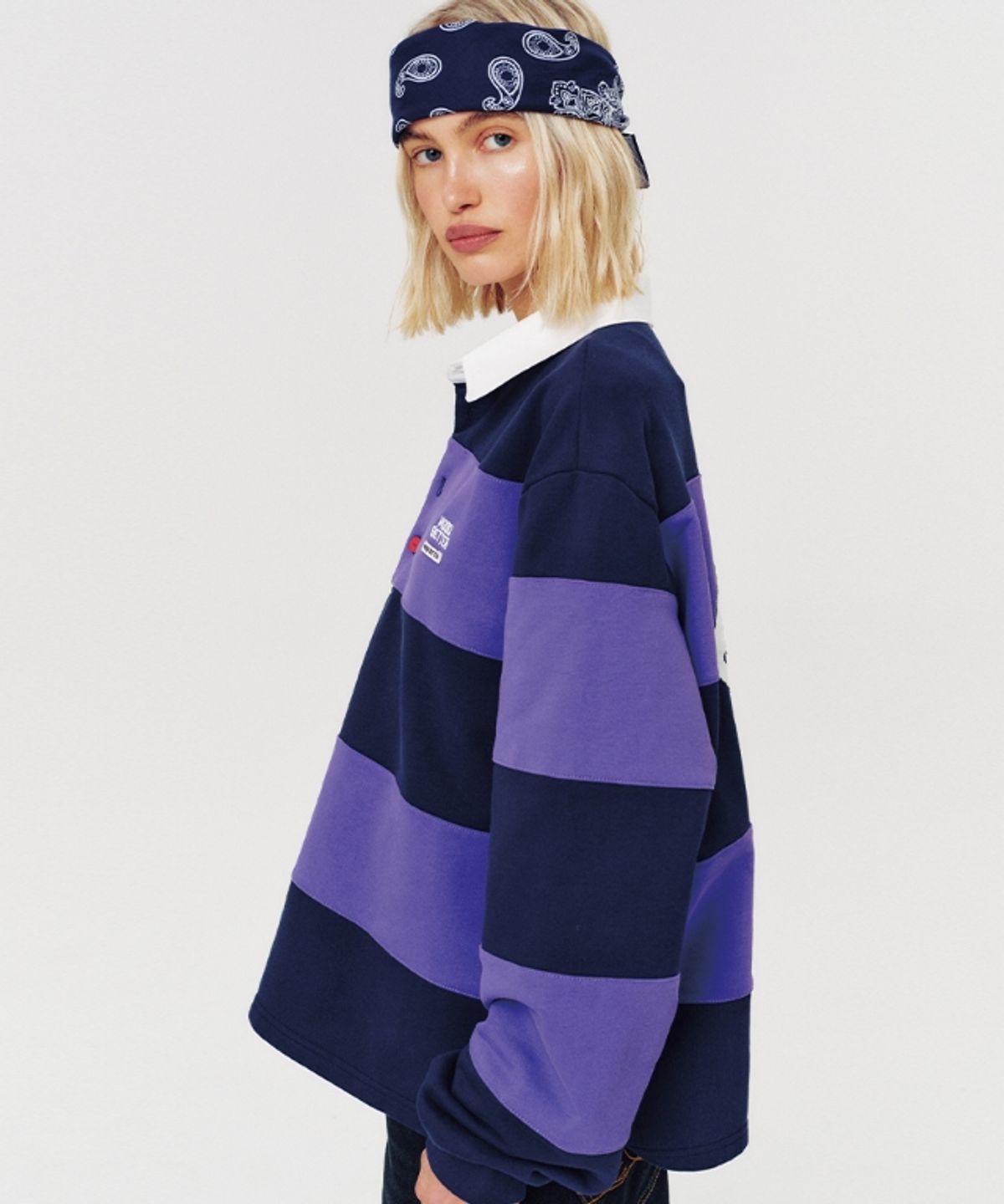 무드베러(MOODBETTER) 48 COLLEGE STRIPE RUGBY SHIRT PURPLE