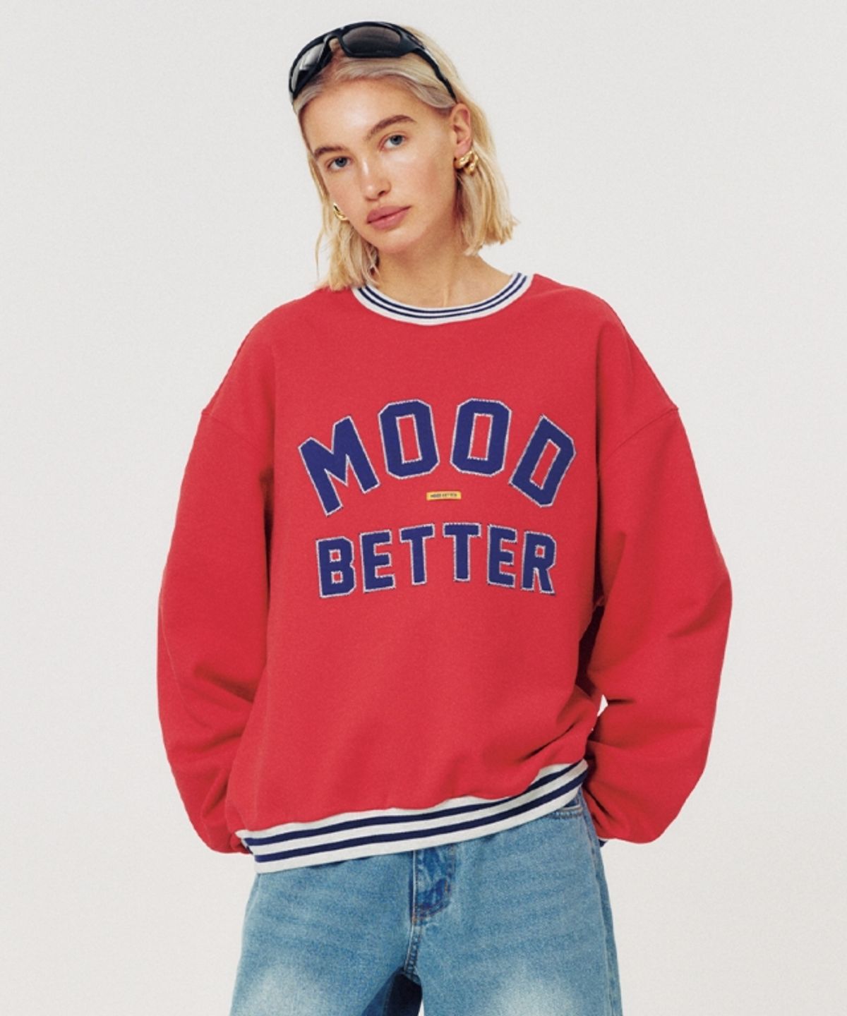 무드베러(MOODBETTER) COLLEGE STRIPED RIB SWEATSHIRT RED