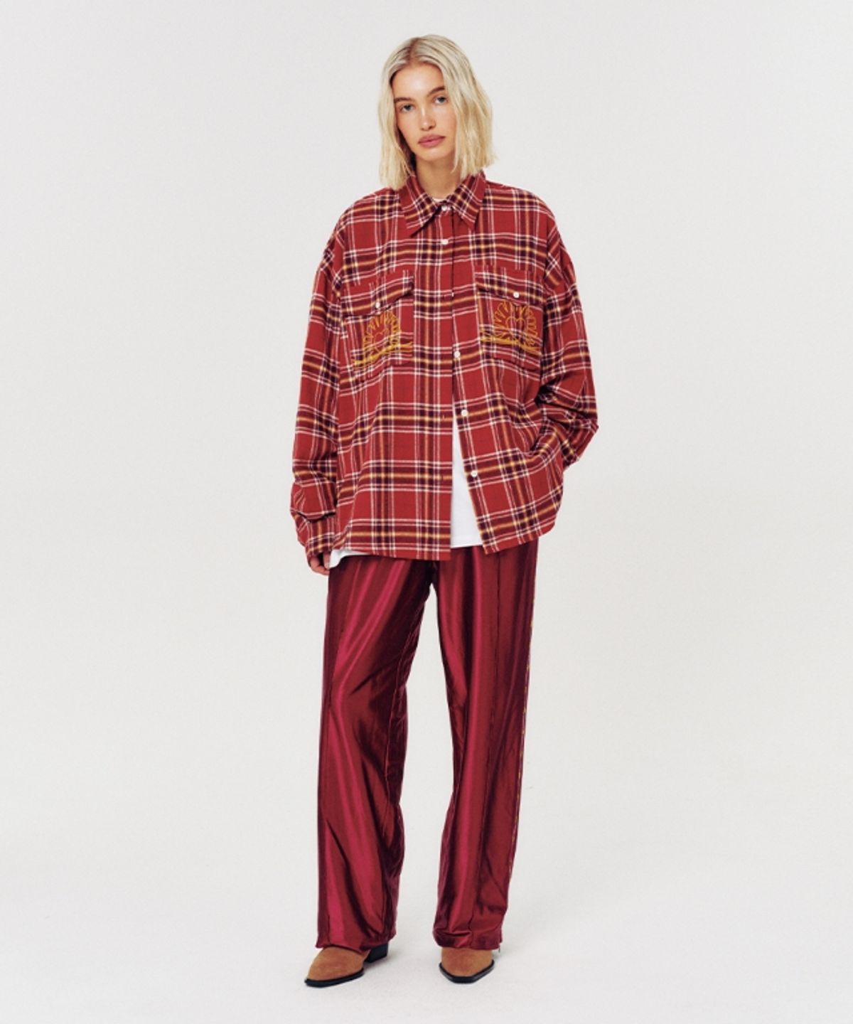 무드베러(MOODBETTER) OVERSIZED CHECK SHIRT BRICK RED