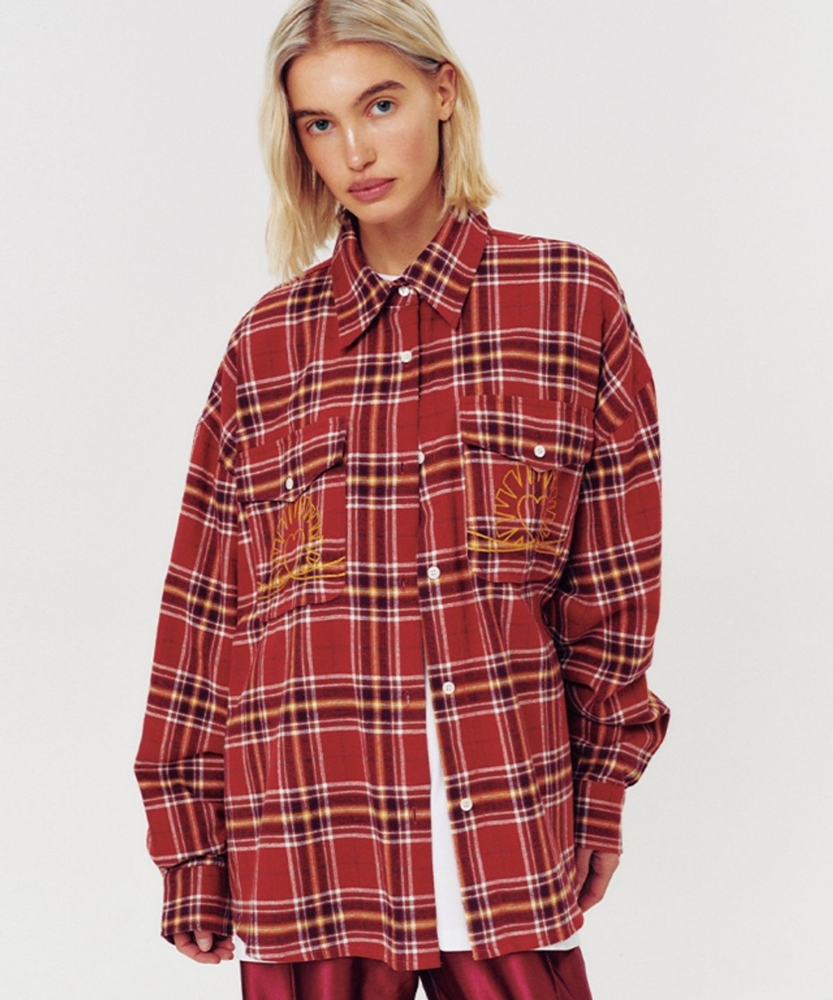 무드베러(MOODBETTER) OVERSIZED CHECK SHIRT BRICK RED