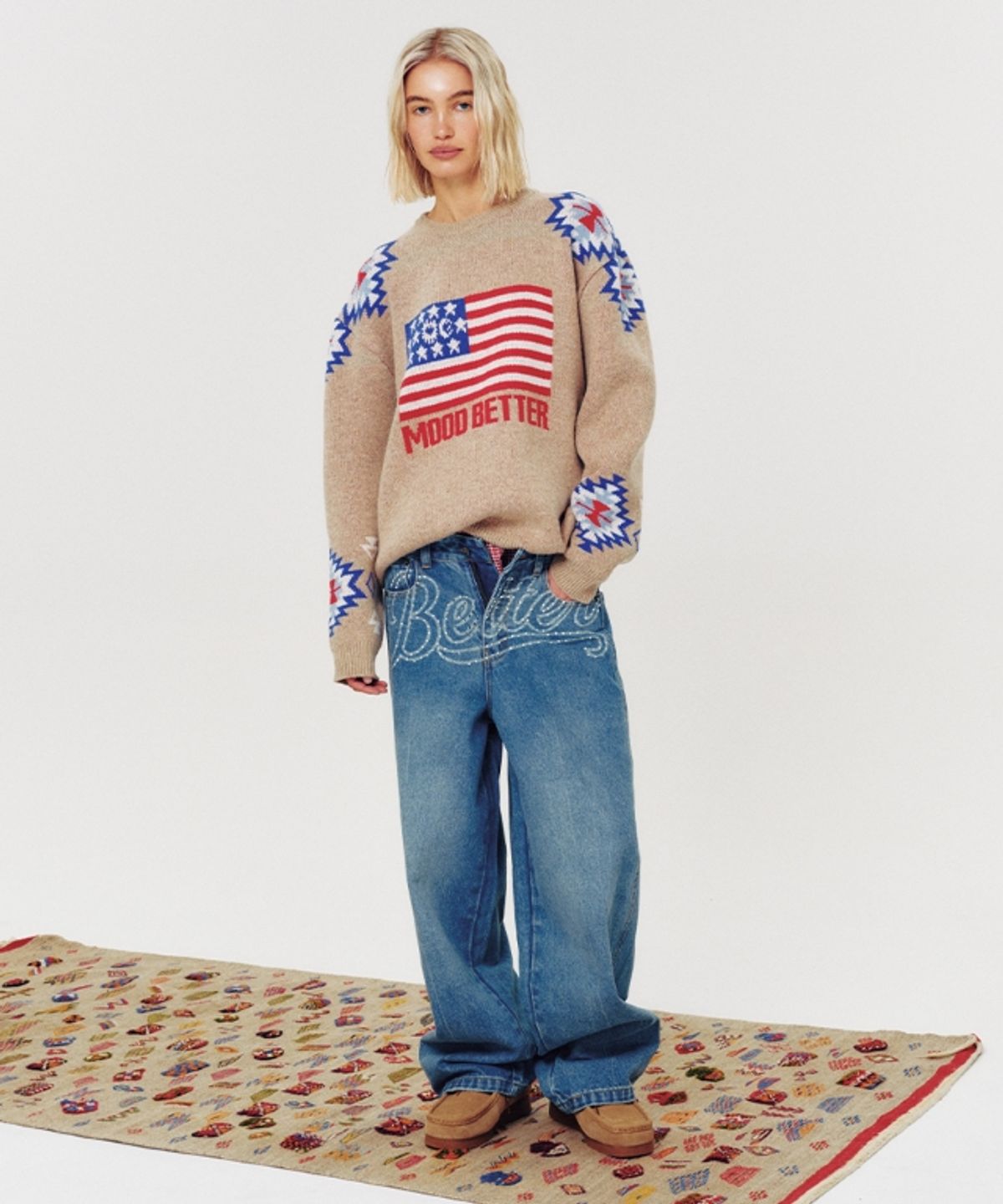 무드베러(MOODBETTER) WESTERN FLAG KNIT PULLOVER BEIGE