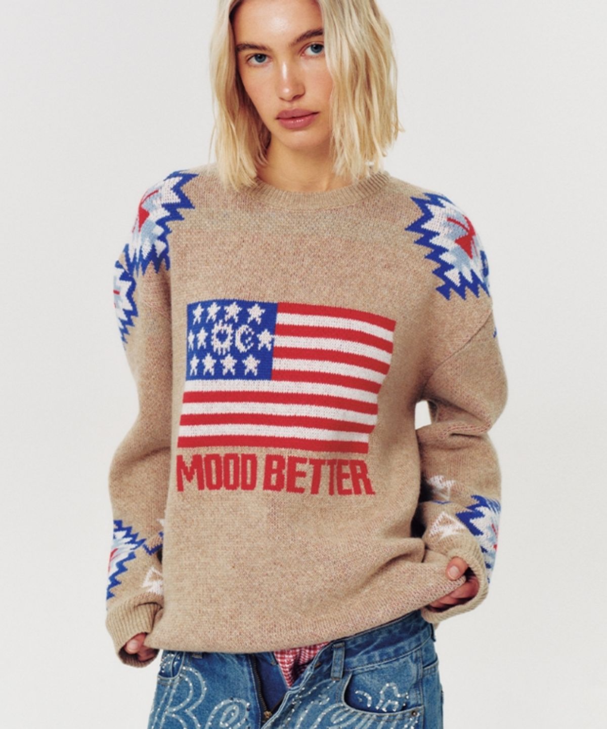 무드베러(MOODBETTER) WESTERN FLAG KNIT PULLOVER BEIGE