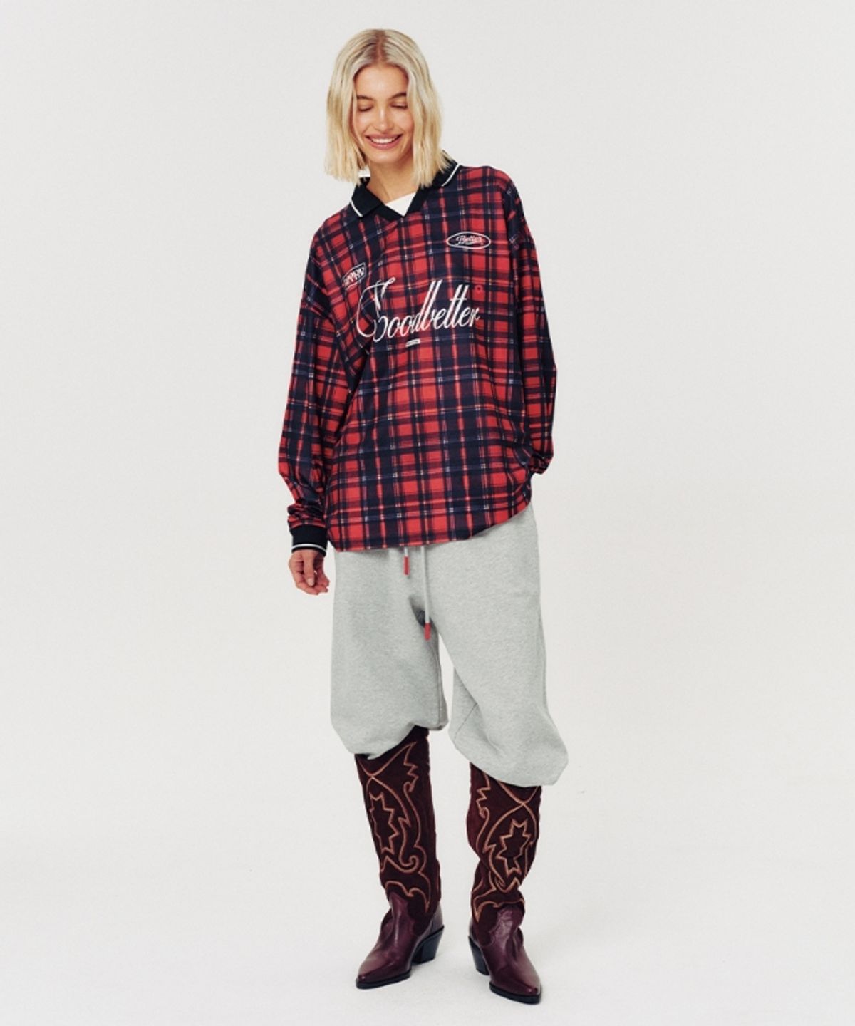 무드베러(MOODBETTER) LETTERING CHECK FOOTBALL JERSEY LONG SLEEVE RED