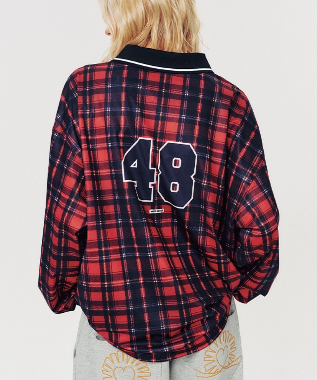 무드베러(MOODBETTER) LETTERING CHECK FOOTBALL JERSEY LONG SLEEVE RED