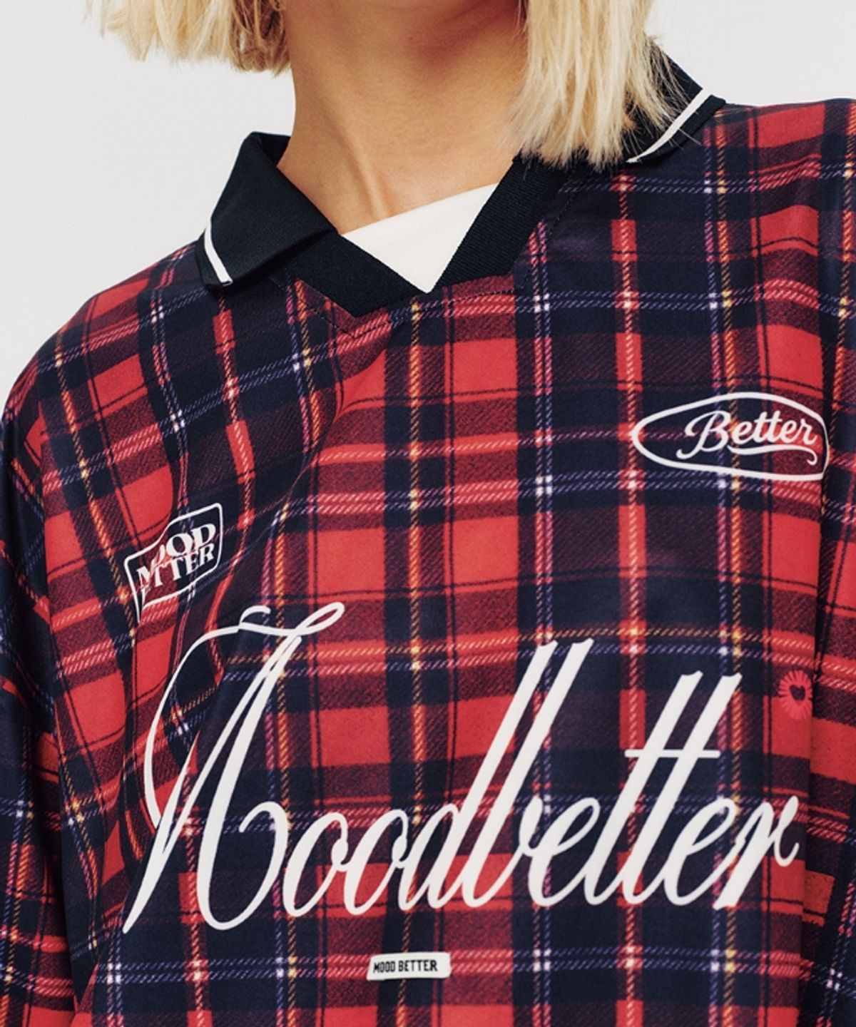 무드베러(MOODBETTER) LETTERING CHECK FOOTBALL JERSEY LONG SLEEVE RED