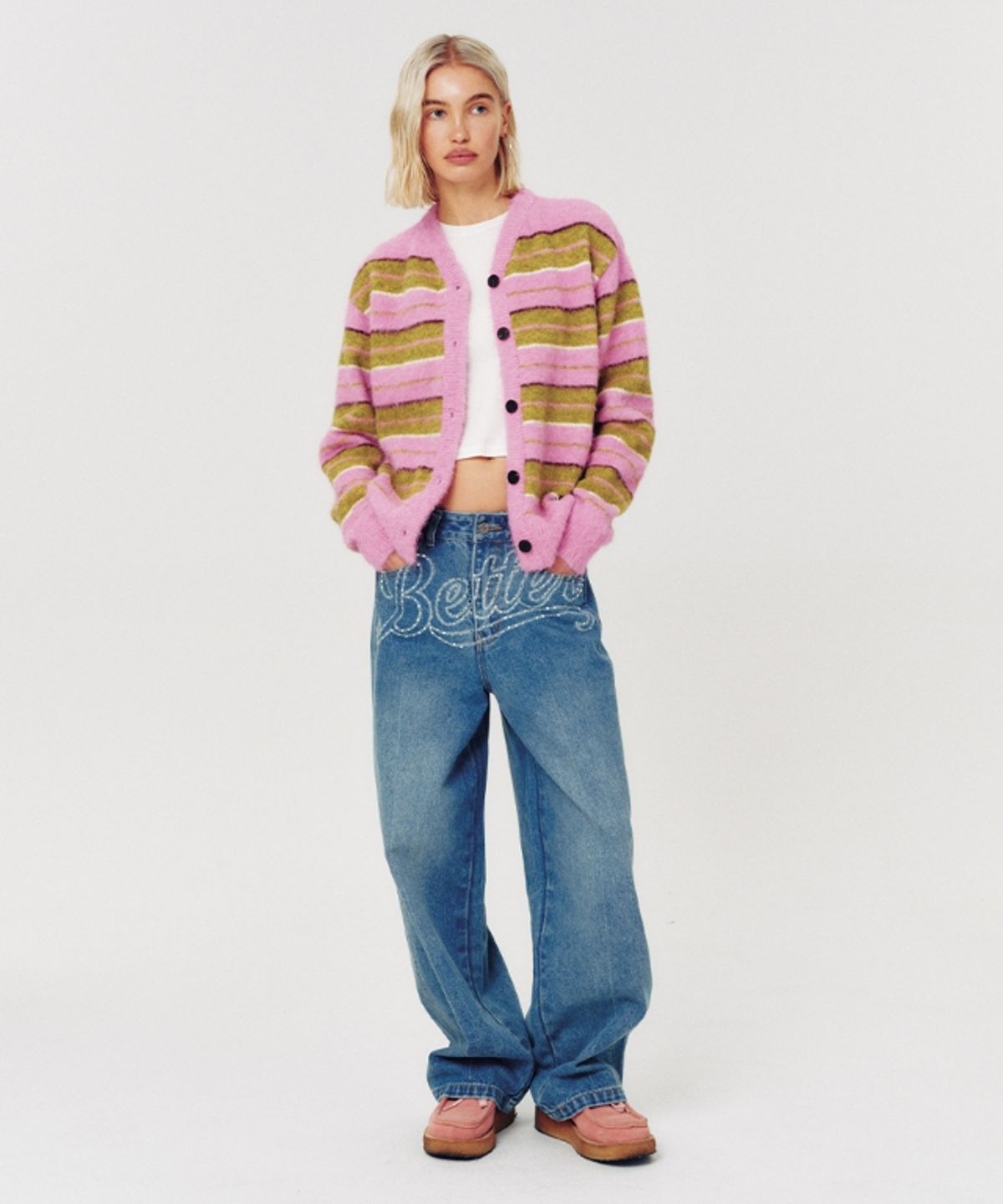 무드베러(MOODBETTER) HAIRY STRIPE KNIT CARDIGAN PINK