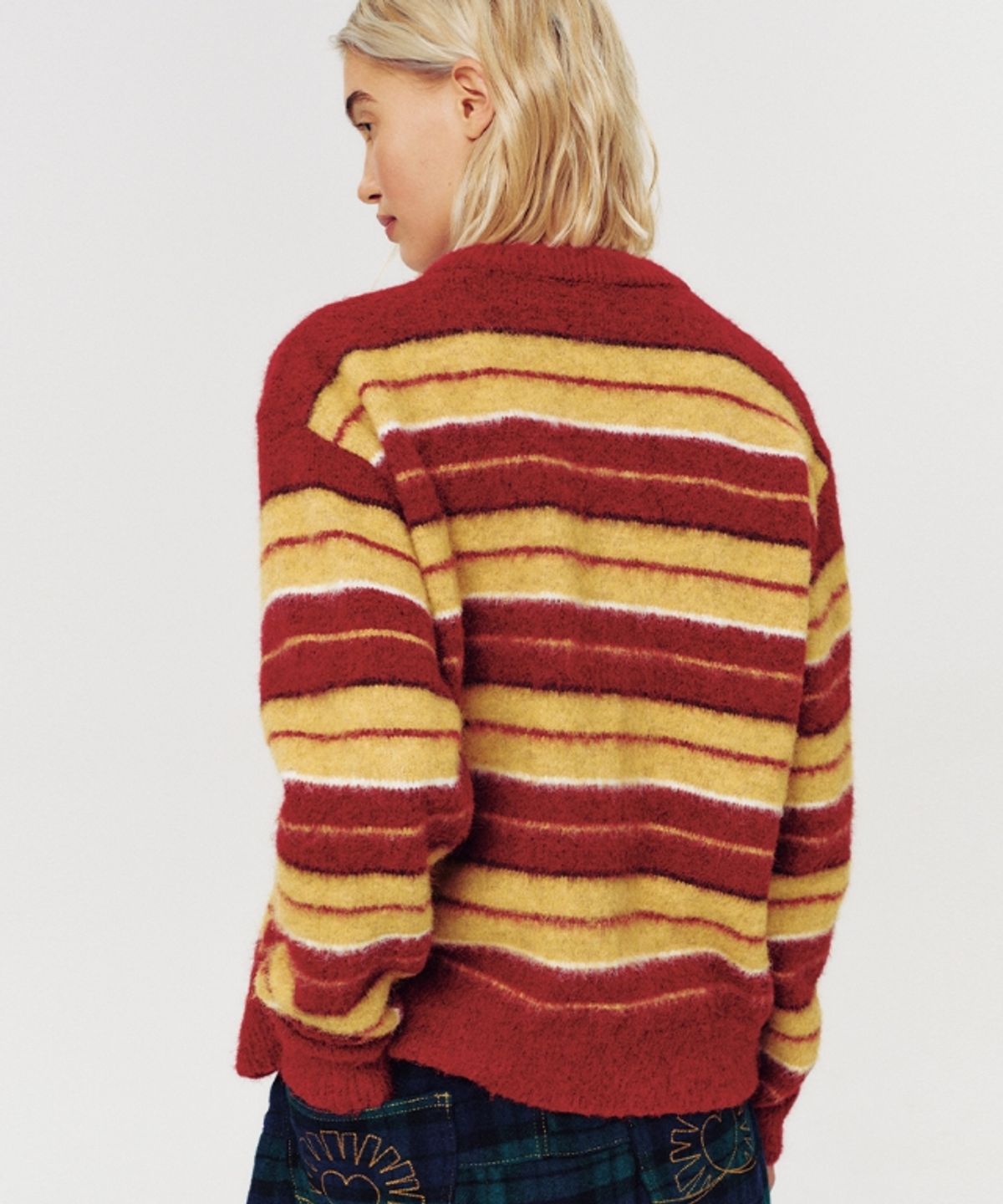 무드베러(MOODBETTER) HAIRY STRIPE KNIT CARDIGAN RED