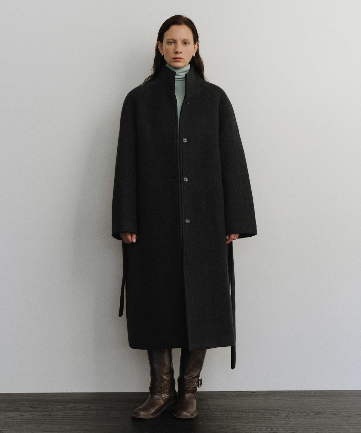 유라고(URAGO) Wool high neck belted coat_Dark navy