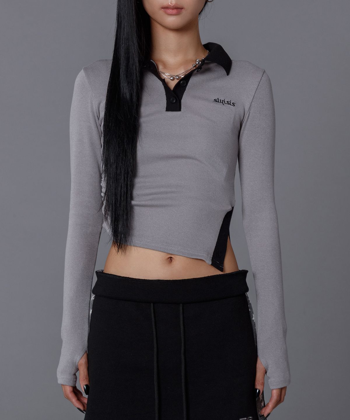 슬리시스(SLYISIS) Unbalance Slit Polo Top (Grey)