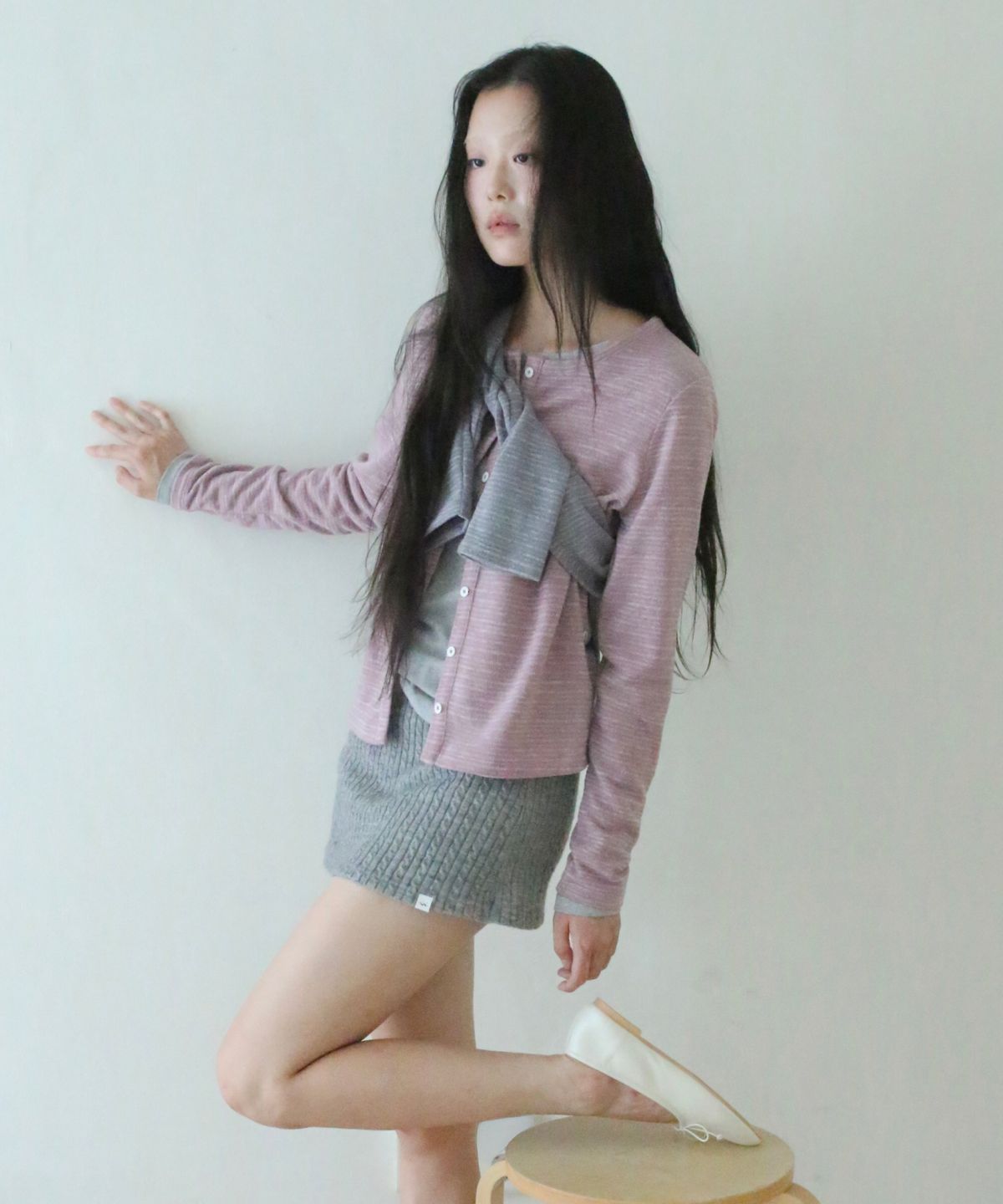 포에브(POEV) Cable Knit Mini Skirt Shorts - Grey