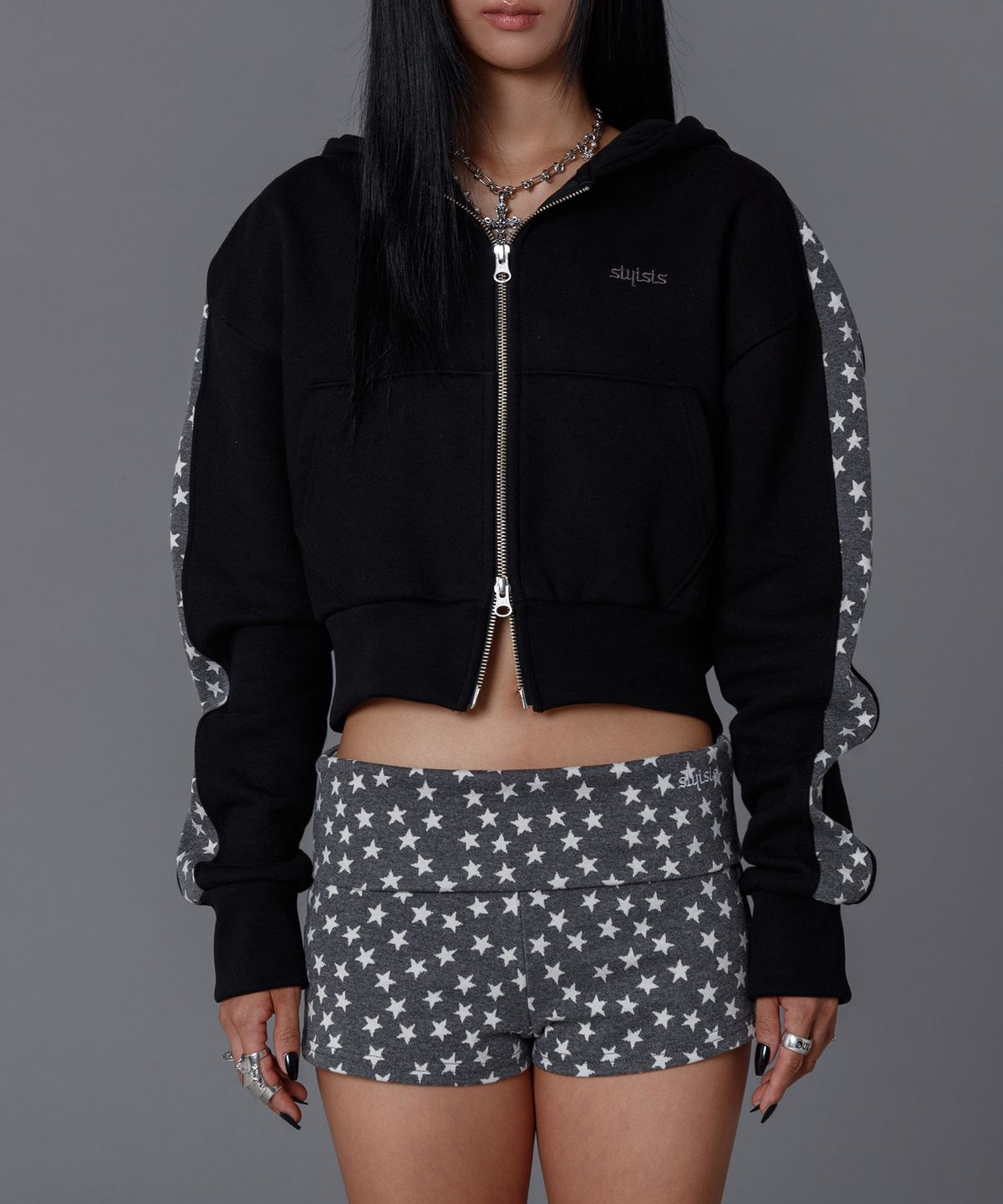 슬리시스(SLYISIS) Star Line Crop Hoodie Zip-up (Black)