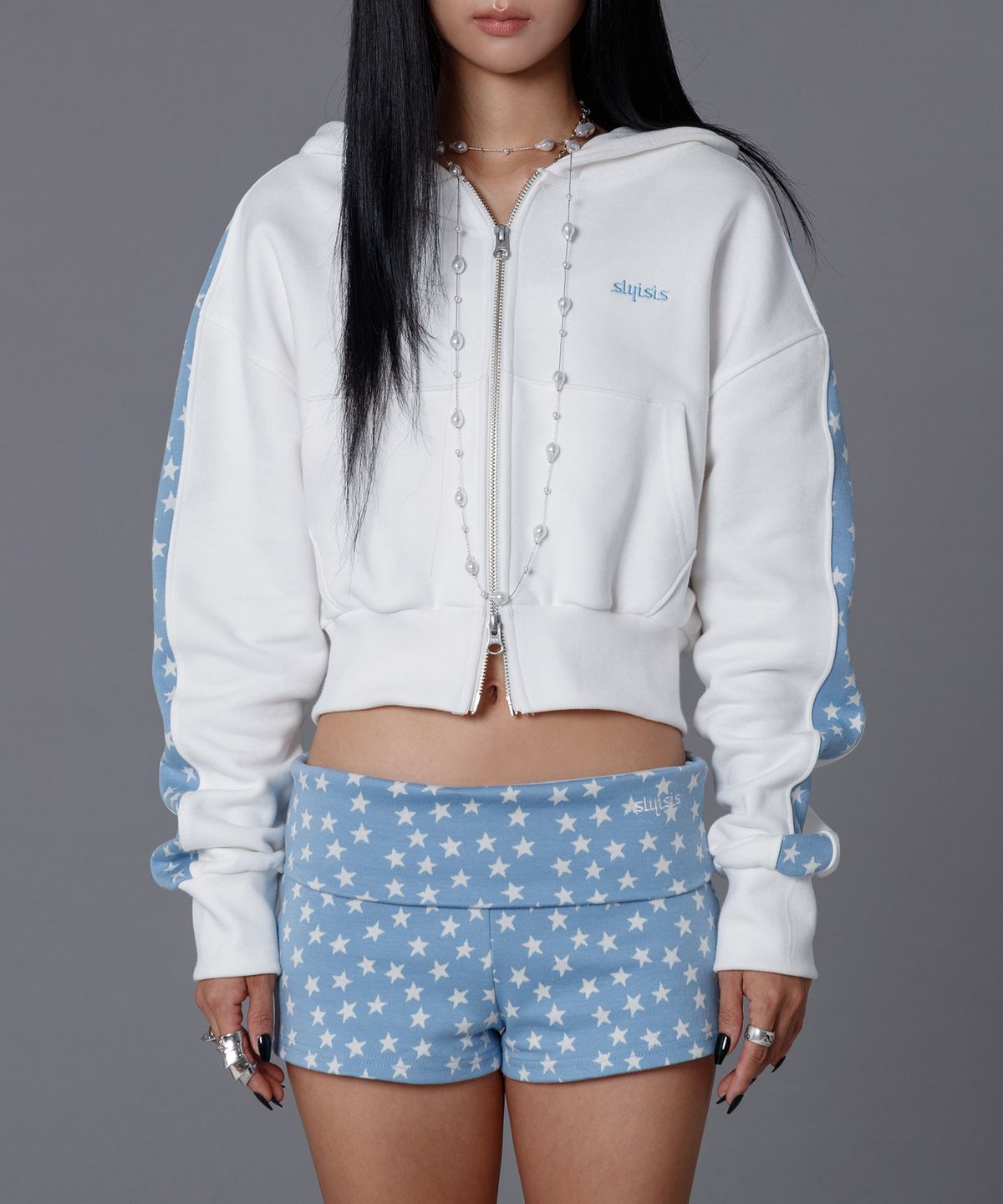 슬리시스(SLYISIS) Star Line Crop Hoodie Zip-up (Ivory)
