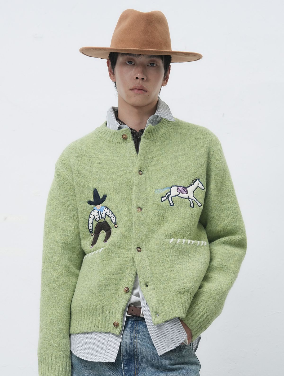 제너럴아이디어(GENERALIDEA) UNISEX 카우보이 크루넥 가디건 [LIME] / SBE4U04013