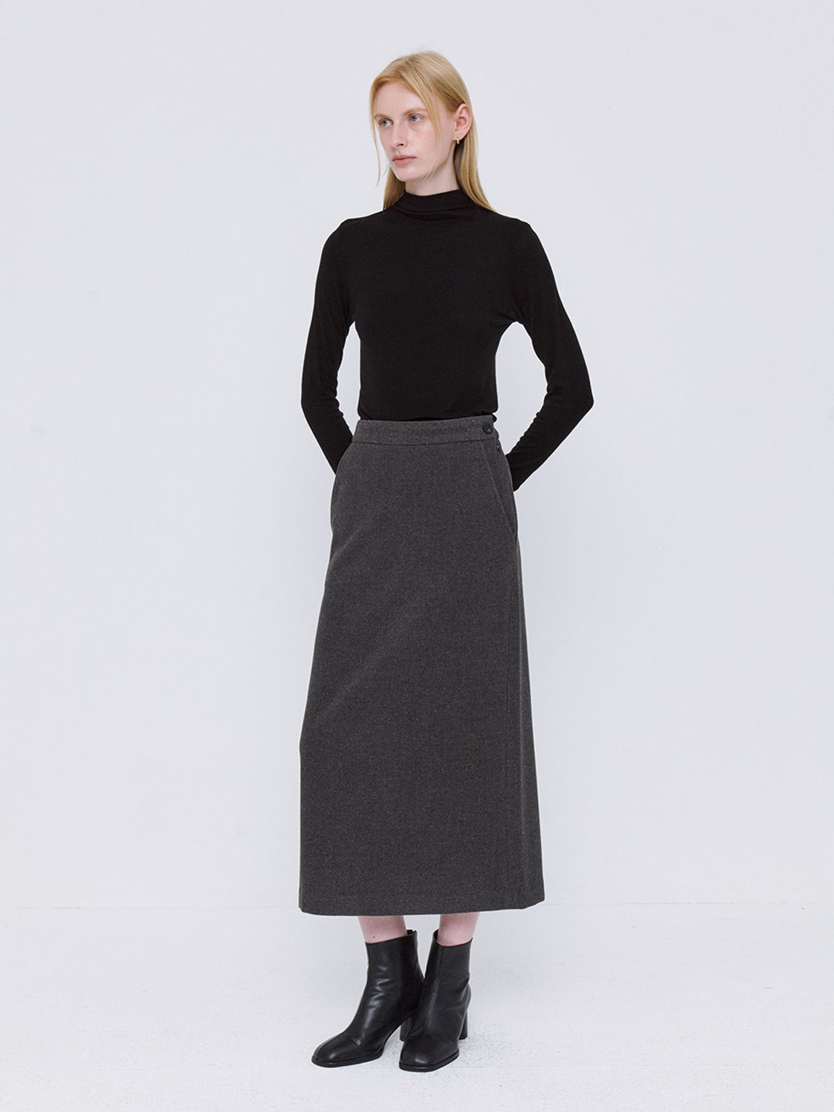 르세지엠(LESEIZEME) Basic Wool Tencel Long Skirt - Charcoal