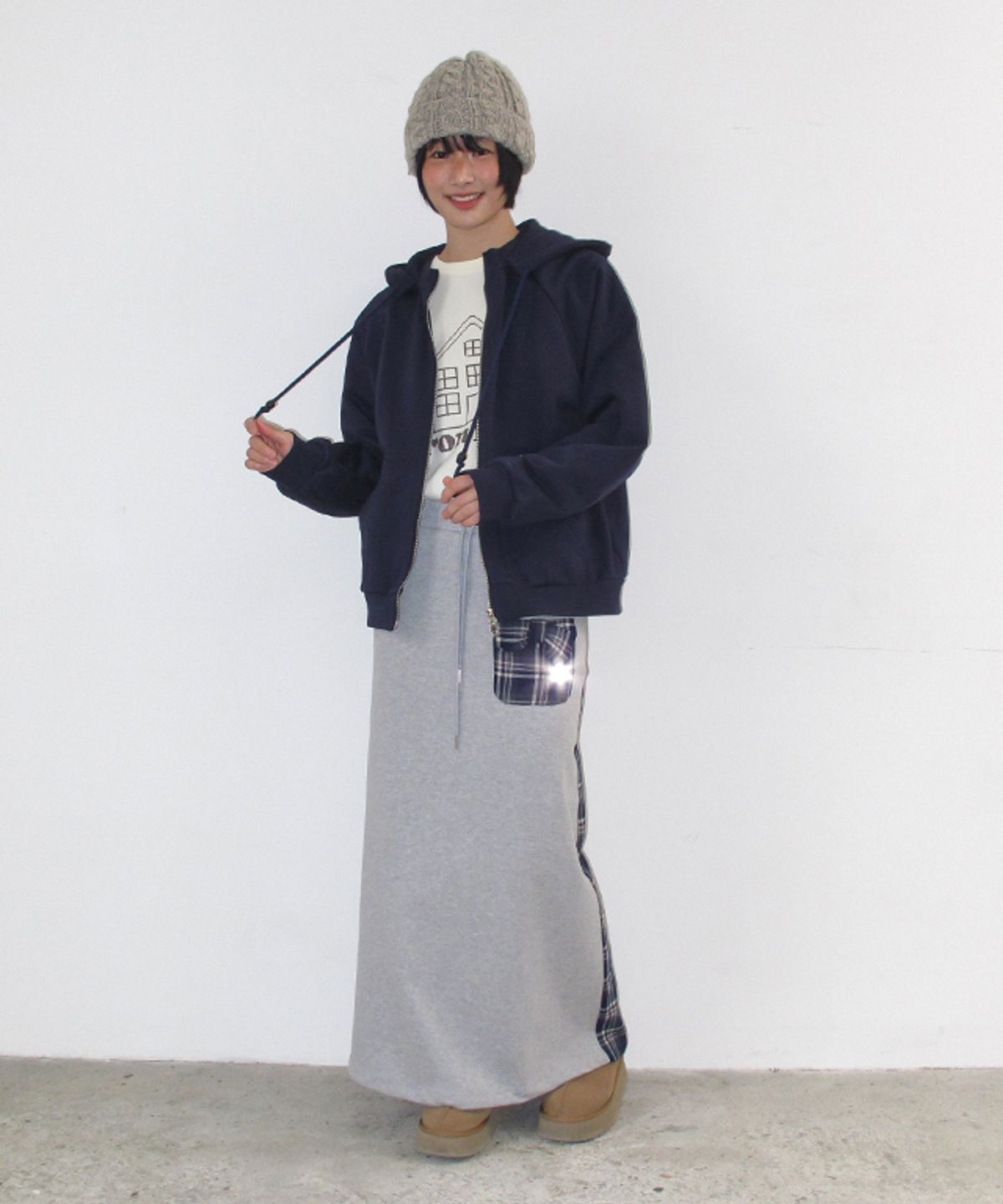 론론(RONRON) SIDE CHECK RIBBON POCKET MAXI SKIRT GREY