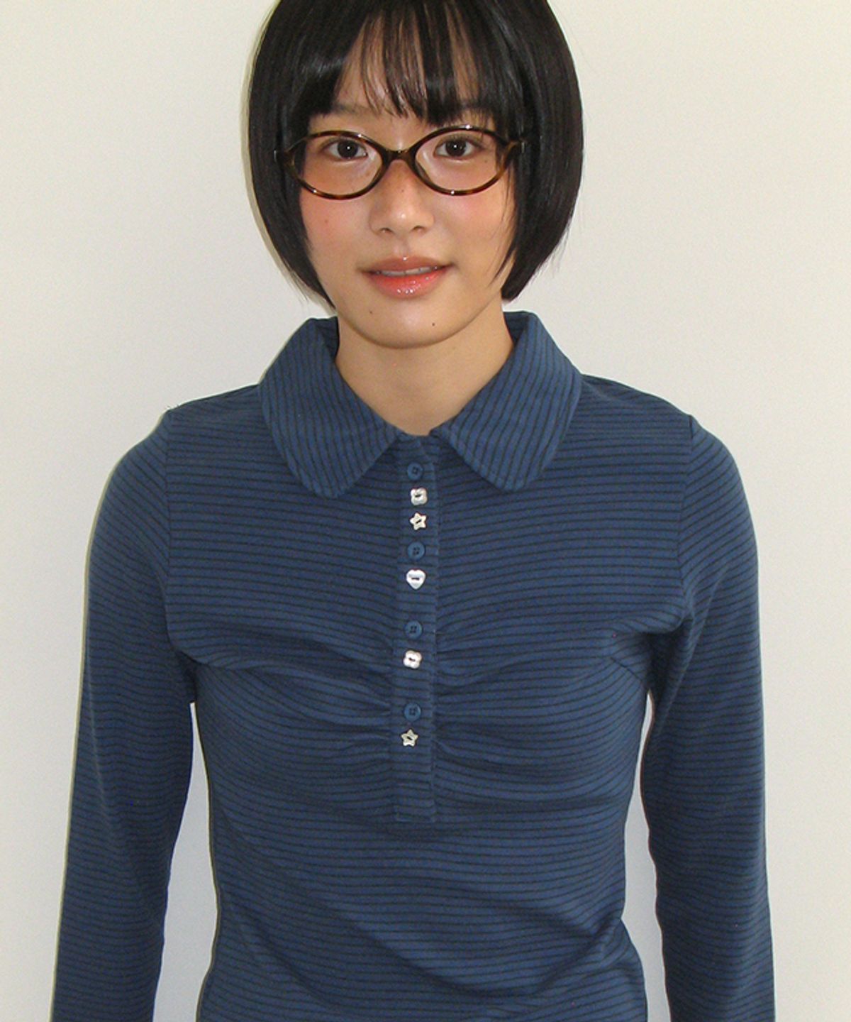 론론(RONRON) SHIRRING STRIPE BUTTON LONG SLEEVE BLUE GREEN