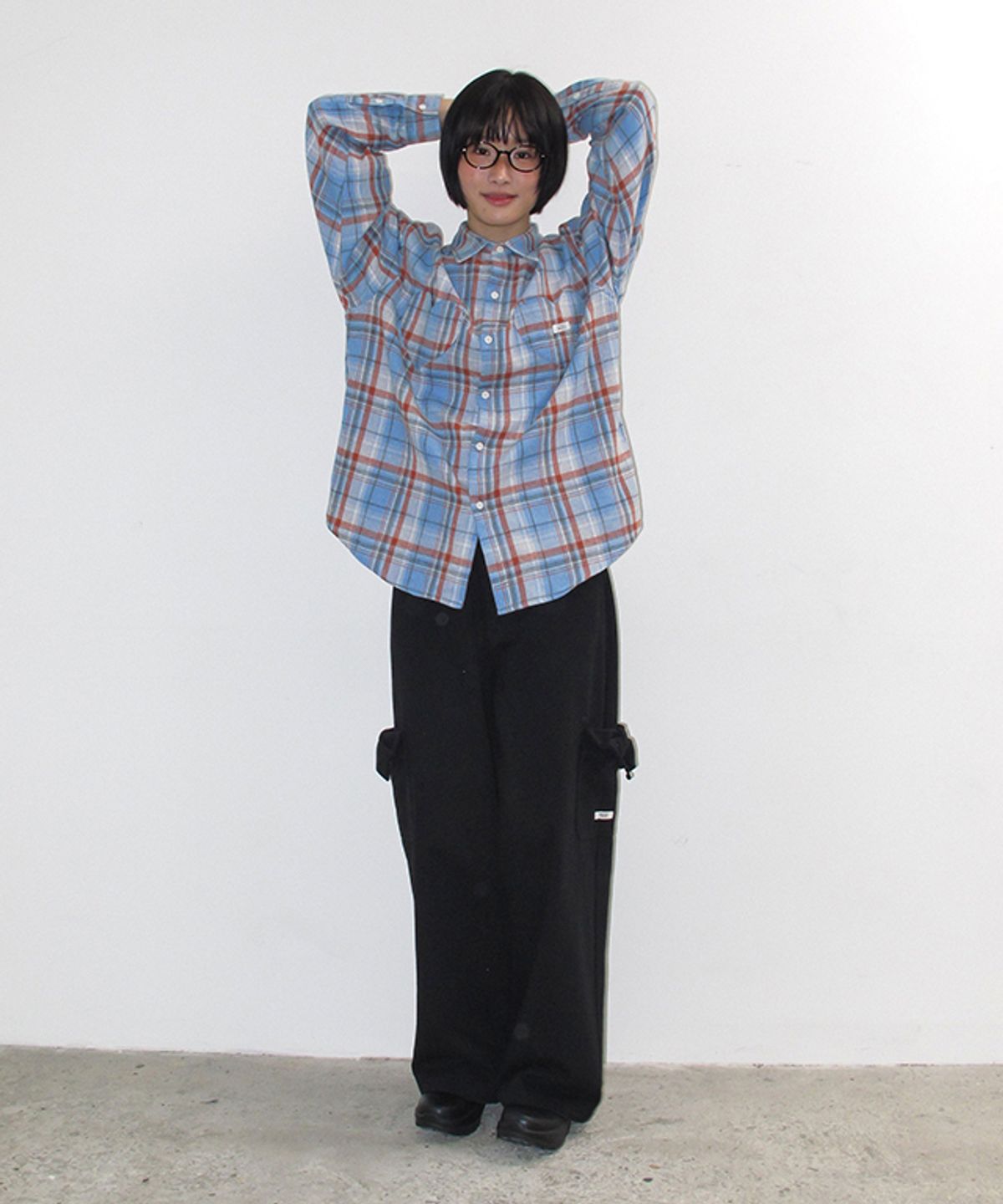 론론(RONRON) DOUBLE HEART POCKET CHECK SHIRT BLUE