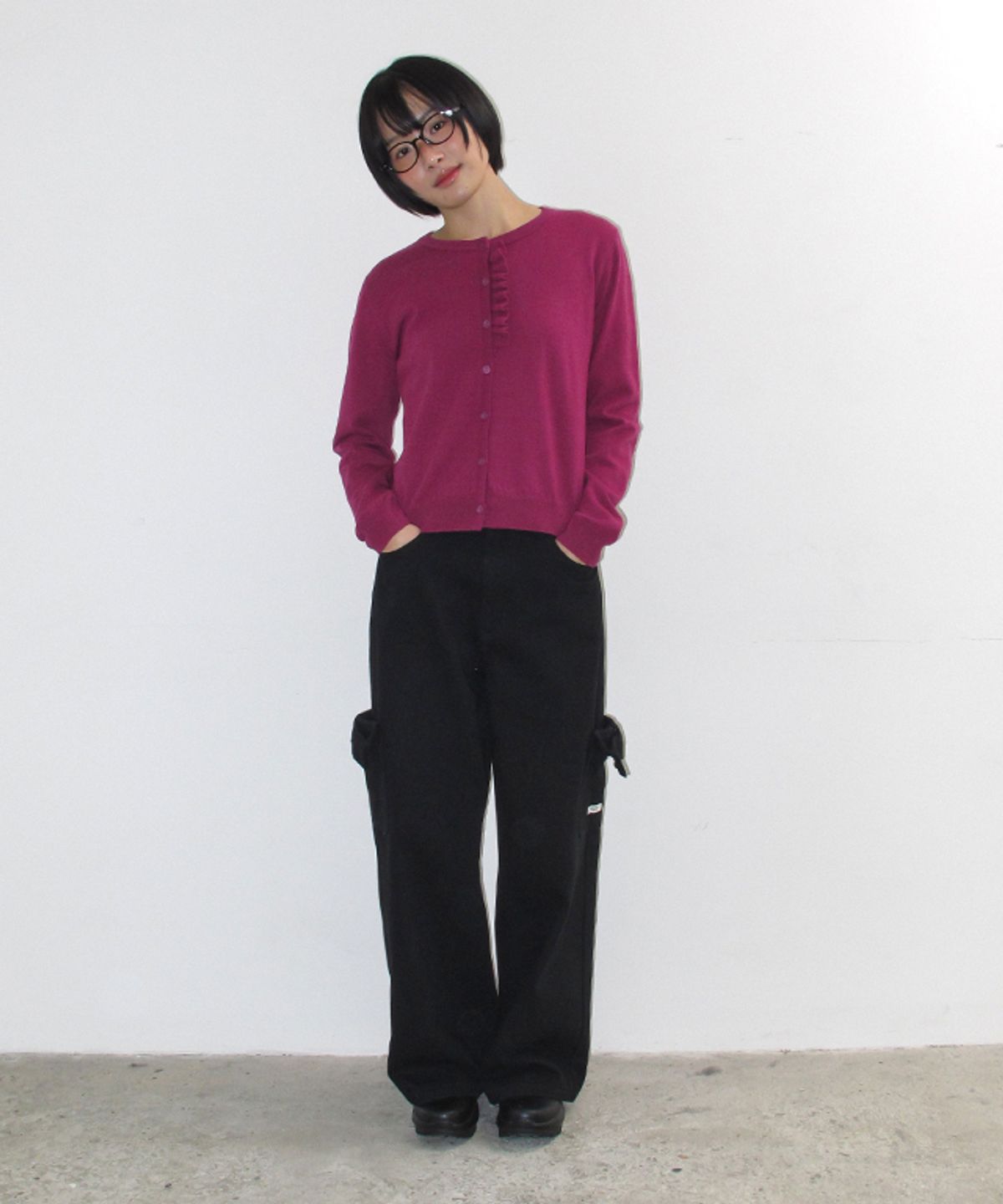 론론(RONRON) FRILL BUTTON KNIT CARDIGAN PURPLE