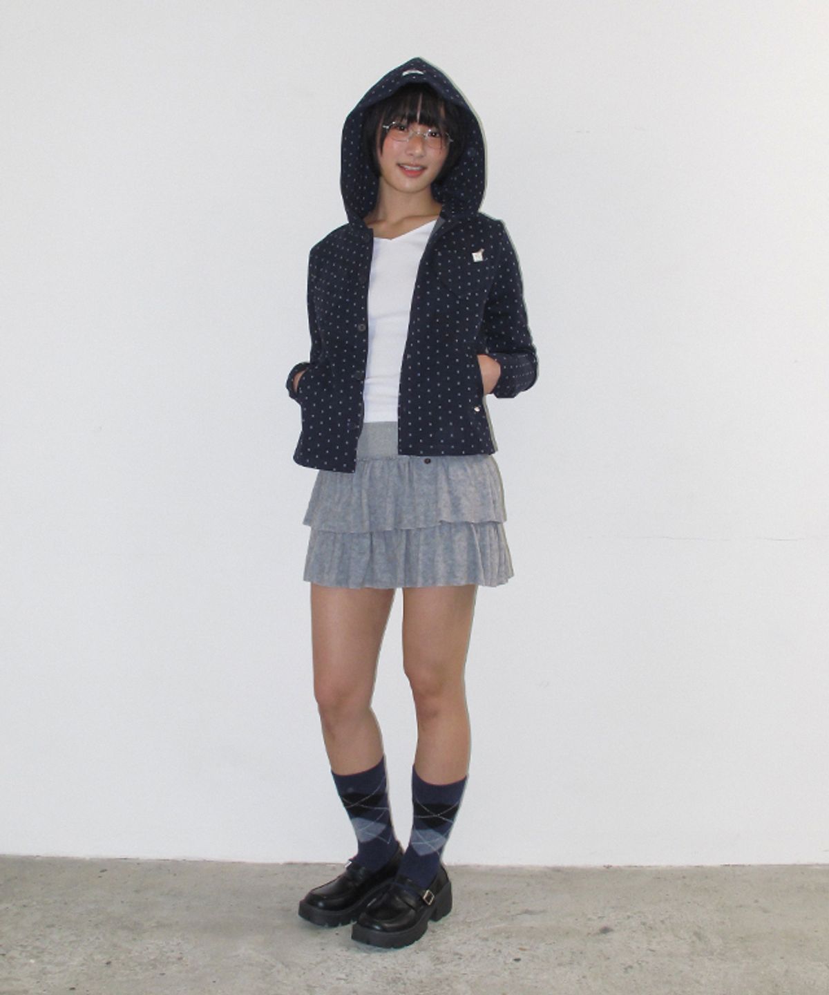 론론(RONRON) HEART POCKET DOT HOODED CARDIGAN NAVY