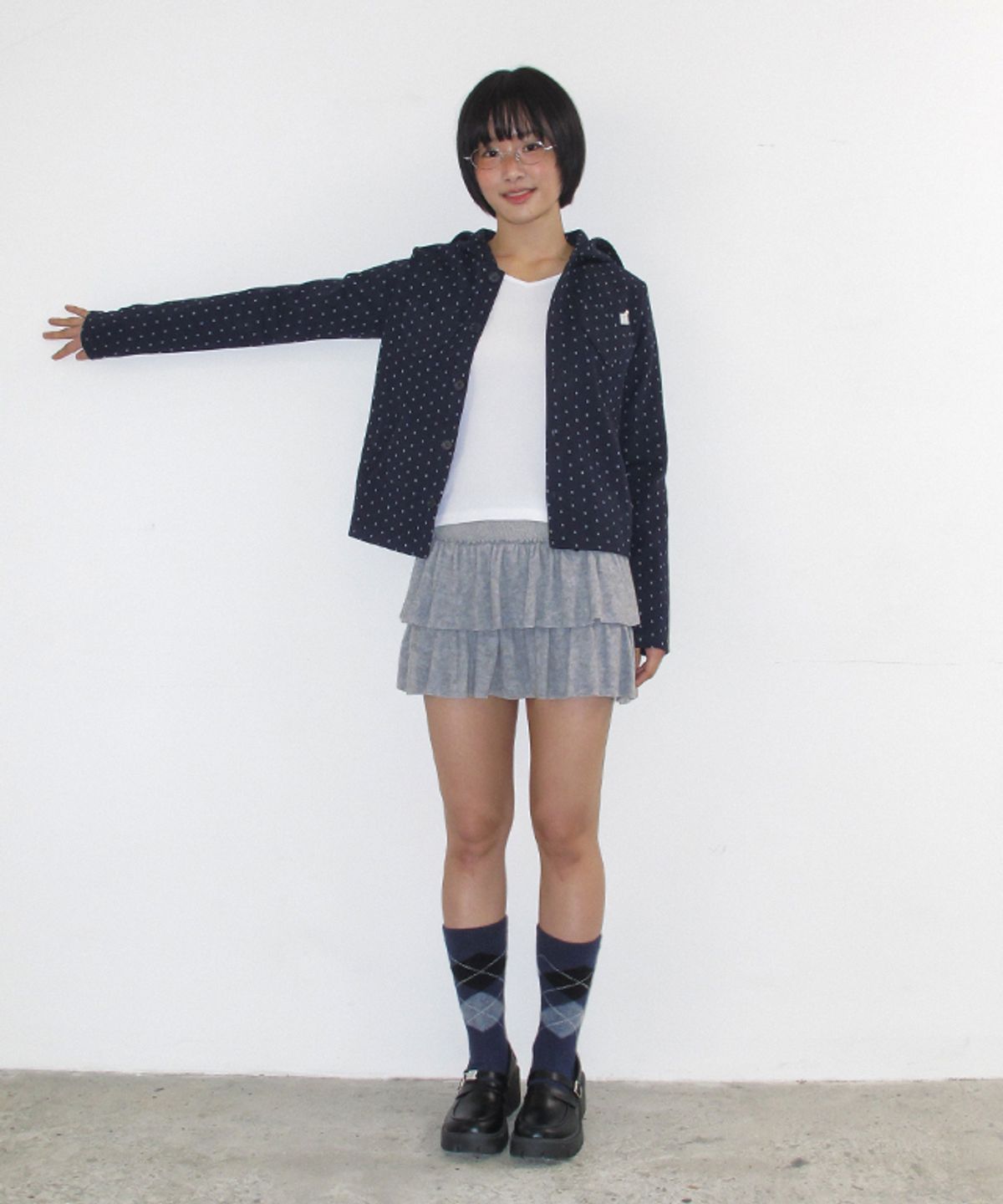 론론(RONRON) HEART POCKET DOT HOODED CARDIGAN NAVY