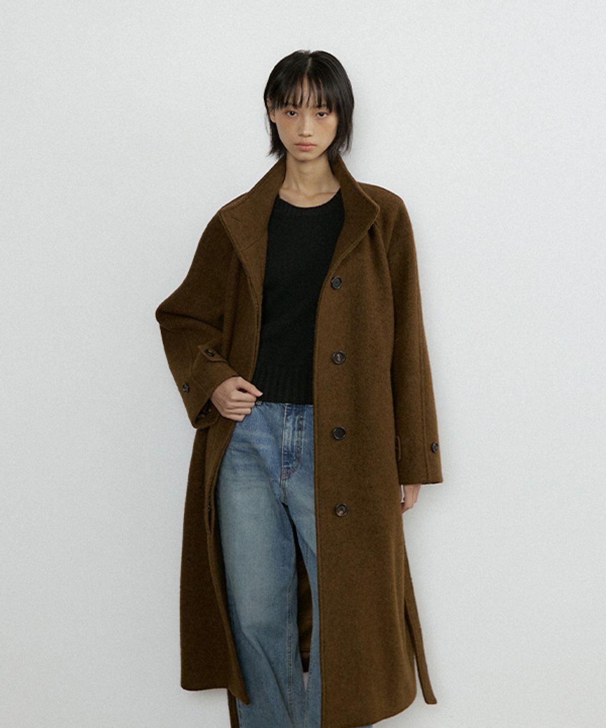 링서울(LINGSEOUL) alpaca high-neck belted long coat-khaki brown