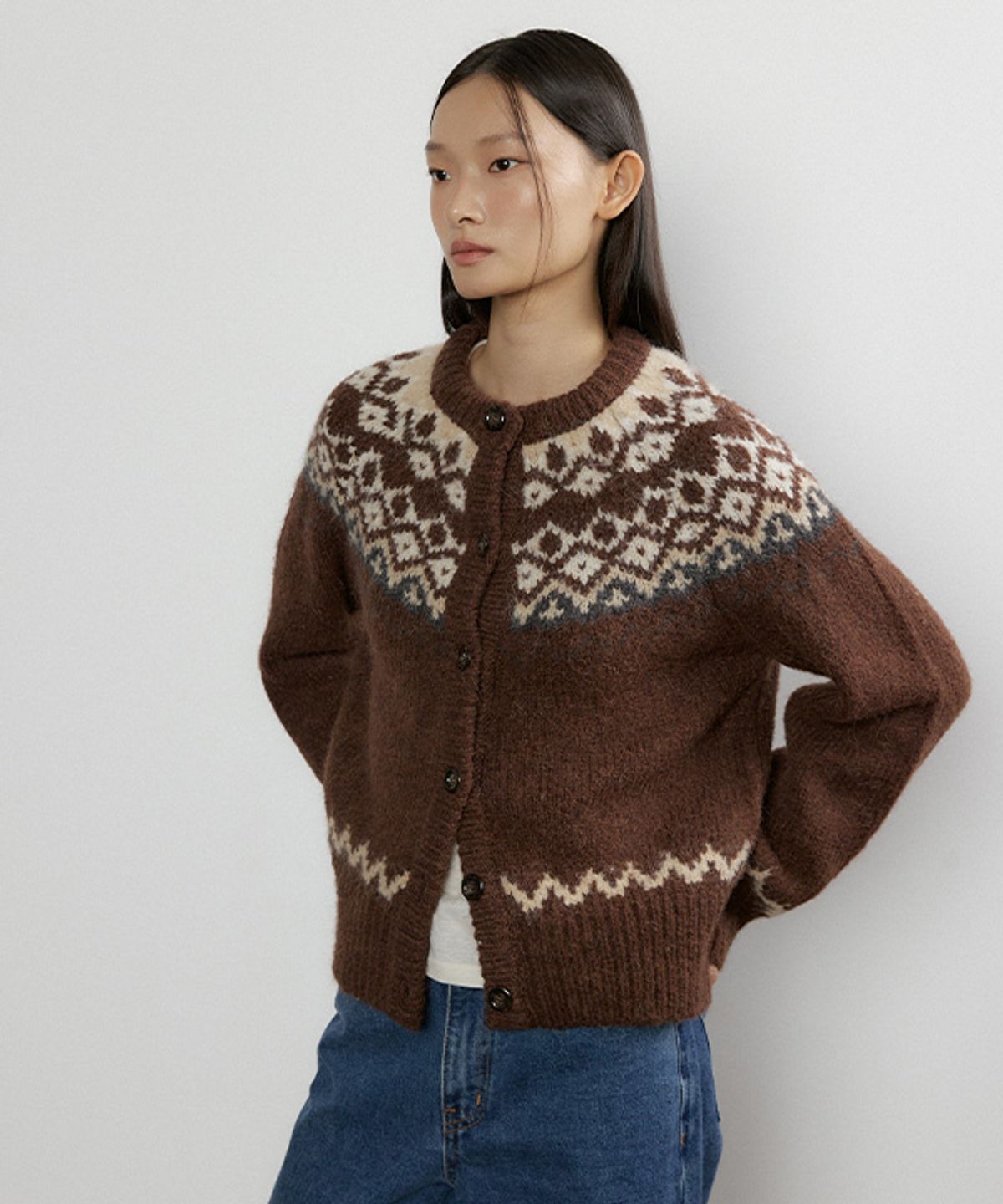 링서울(LINGSEOUL) alpaca nordic knit cardigan-brown
