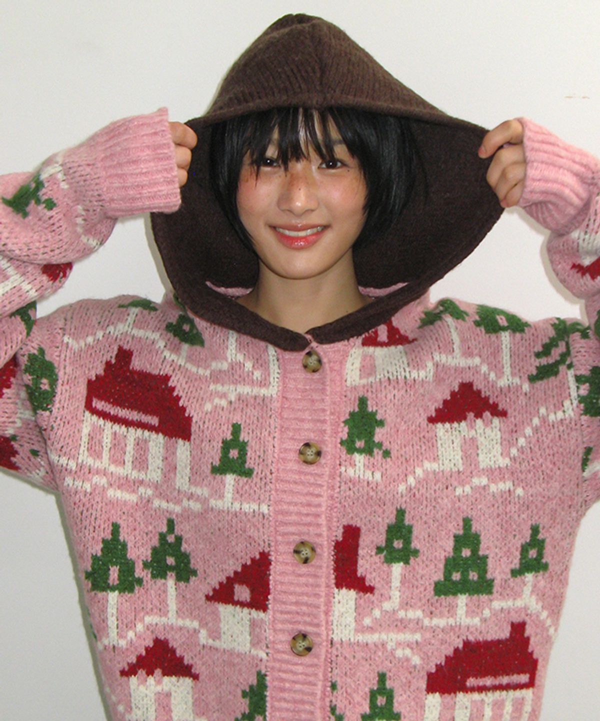 론론(RONRON) HOUSE JACQUARD HOODED KNIT CARDIGAN PINK