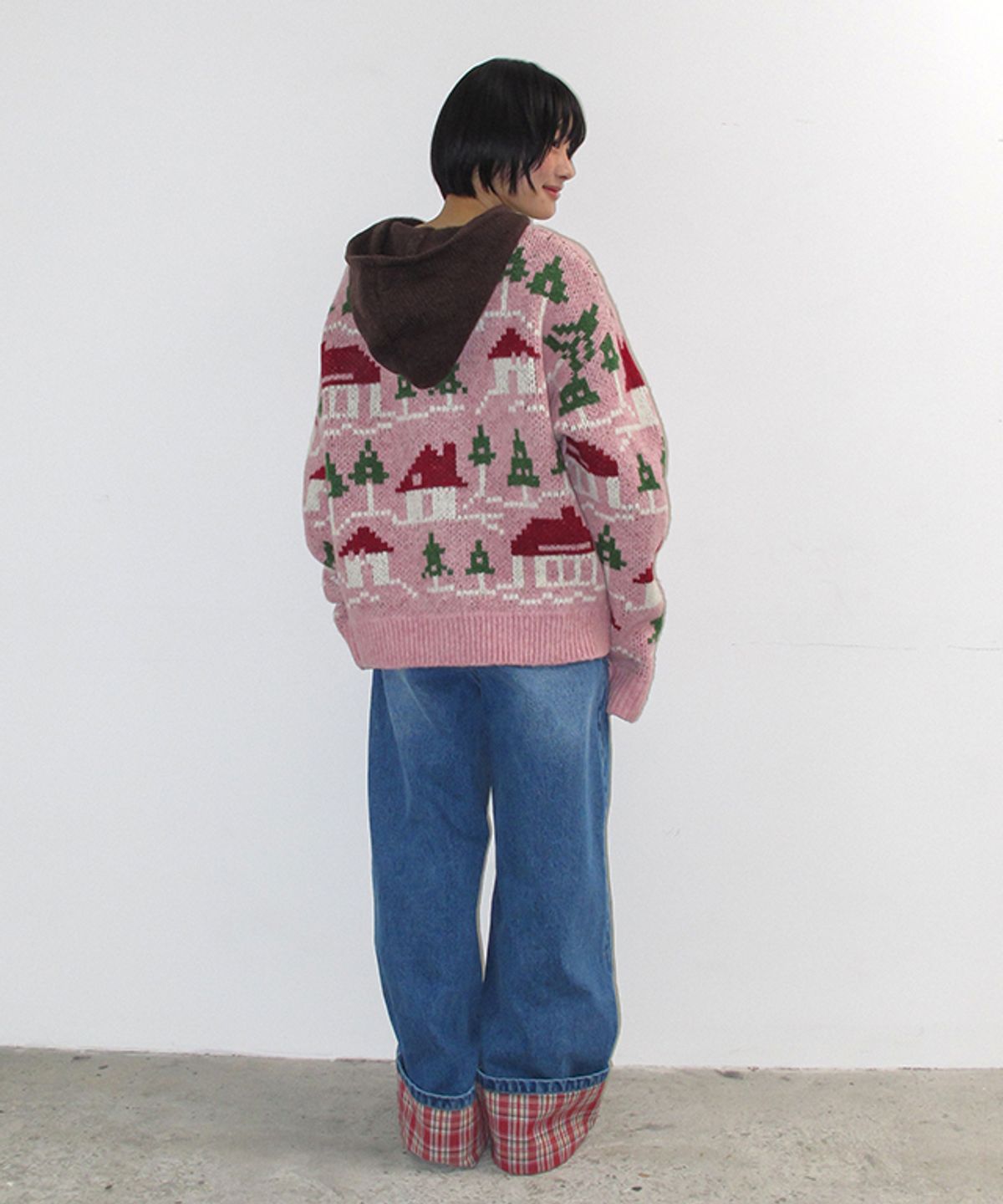 론론(RONRON) HOUSE JACQUARD HOODED KNIT CARDIGAN PINK