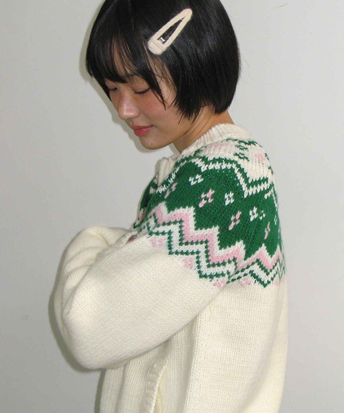 론론(RONRON) NORDIC FAIR ISLE COWICHAN KNIT ZIP UP IVORY