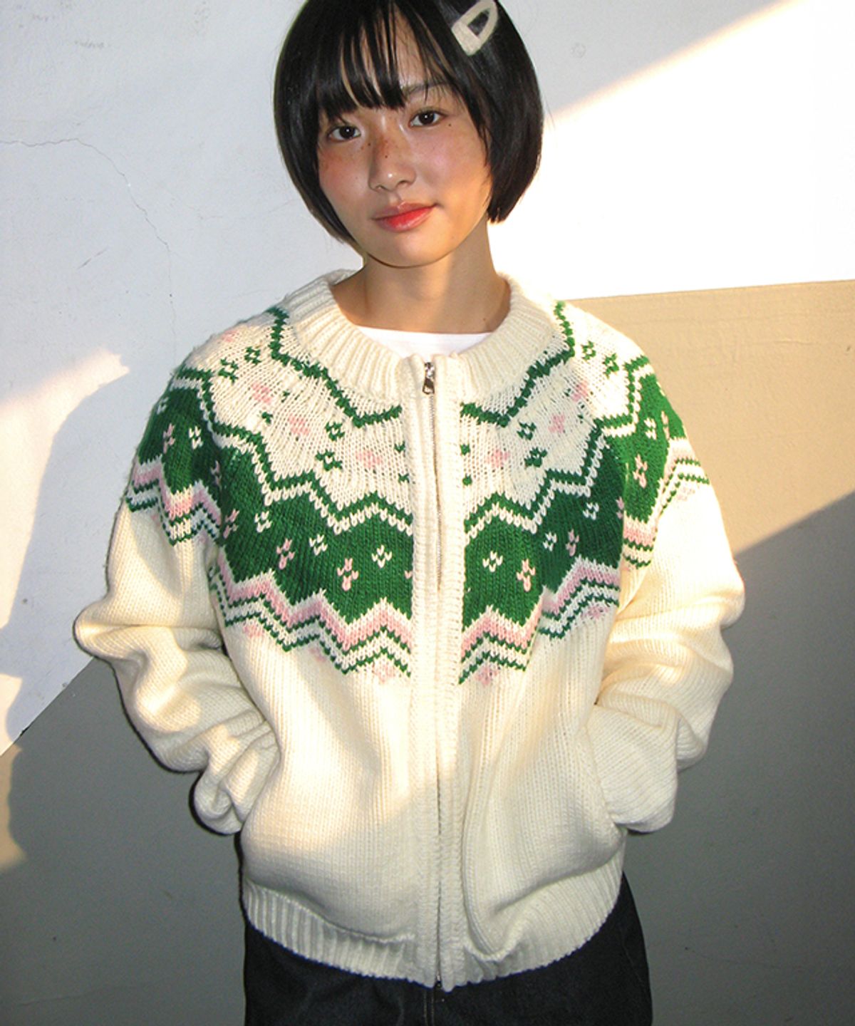 론론(RONRON) NORDIC FAIR ISLE COWICHAN KNIT ZIP UP IVORY
