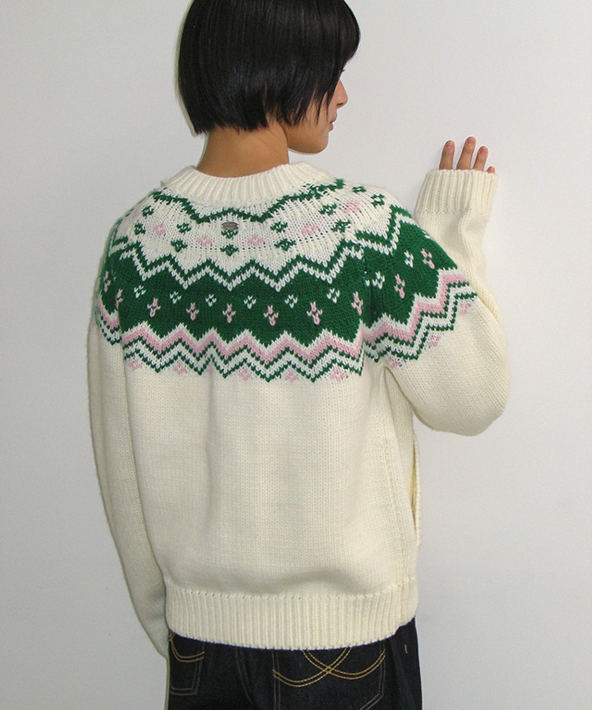론론(RONRON) NORDIC FAIR ISLE COWICHAN KNIT ZIP UP IVORY