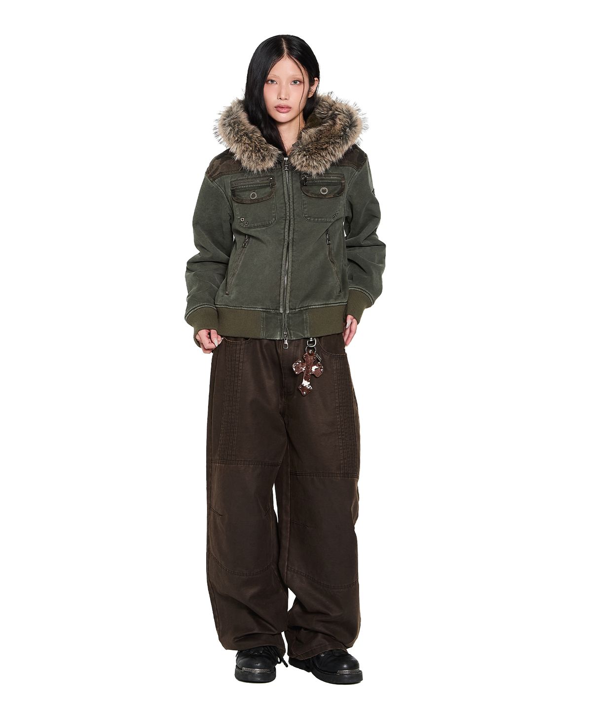 아캄(AAKAM) Knee Panel Washed Leather Pants (Brown)