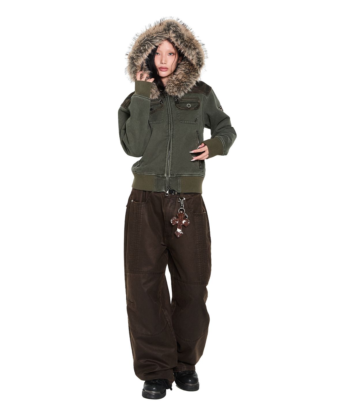 아캄(AAKAM) Knee Panel Washed Leather Pants (Brown)