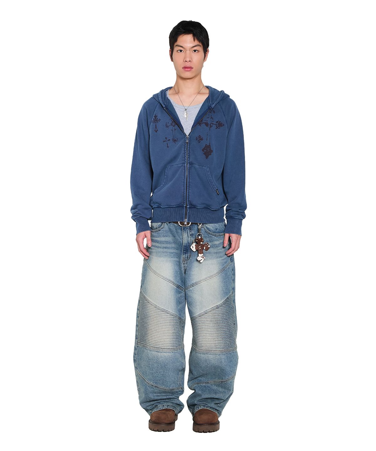 아캄(AAKAM) Pigment Dyed Cross Zip-Up Hoodie (Blue)