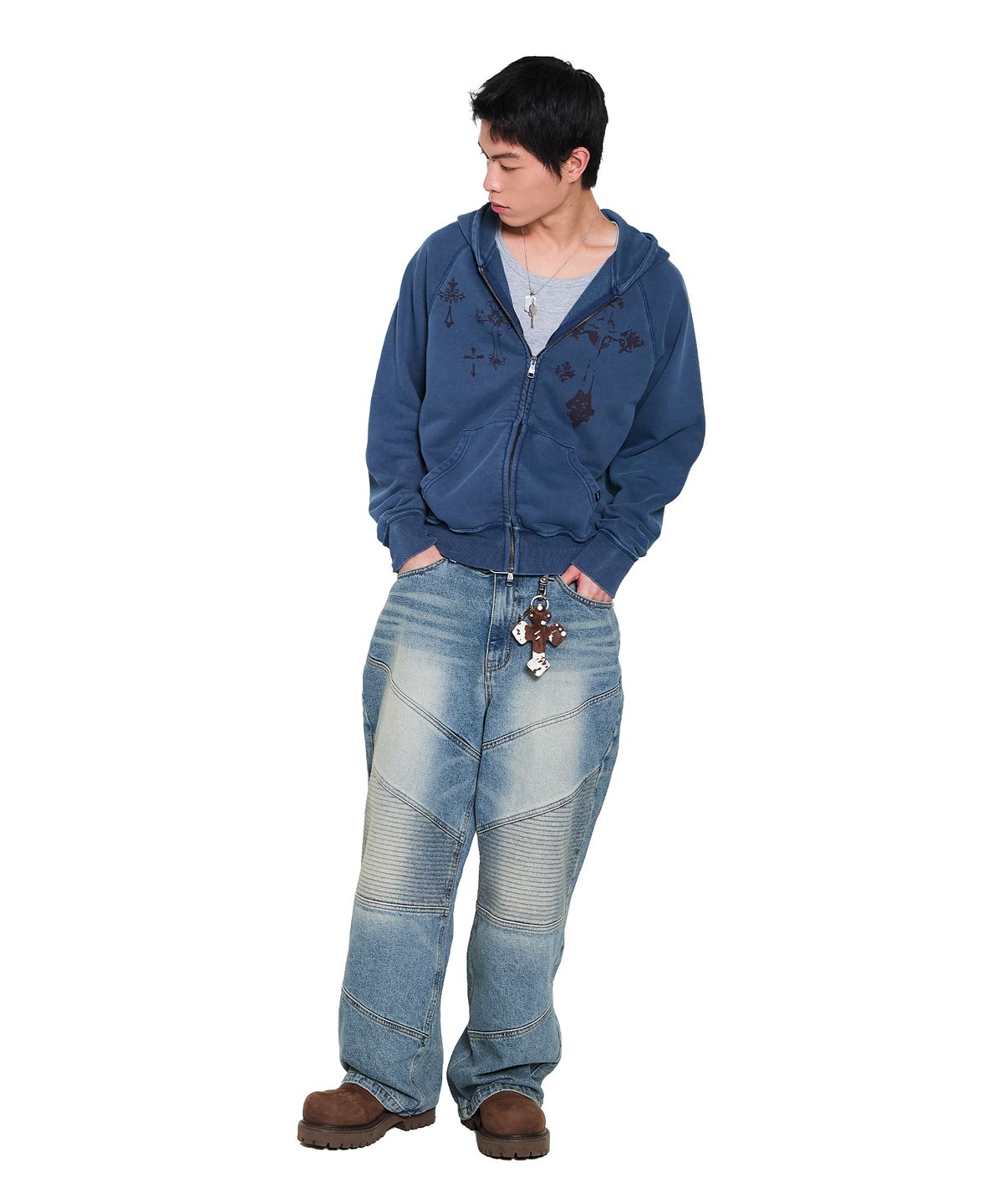아캄(AAKAM) Pigment Dyed Cross Zip-Up Hoodie (Blue)