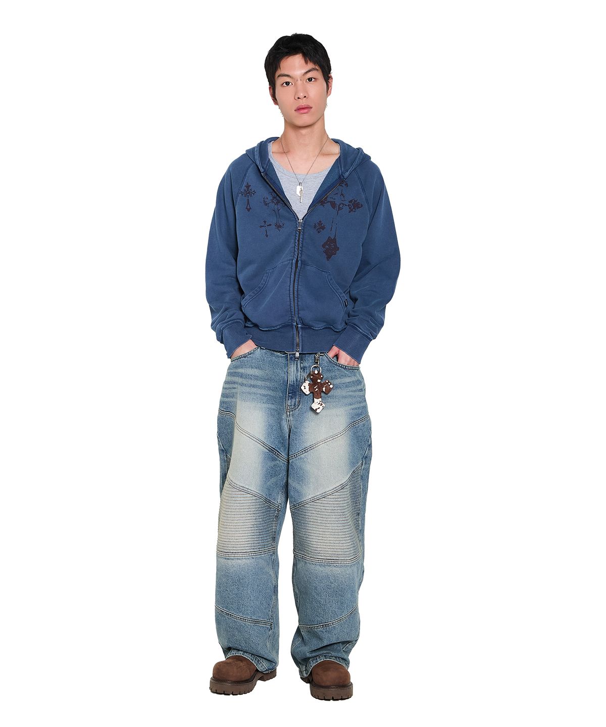 아캄(AAKAM) Pigment Dyed Cross Zip-Up Hoodie (Blue)